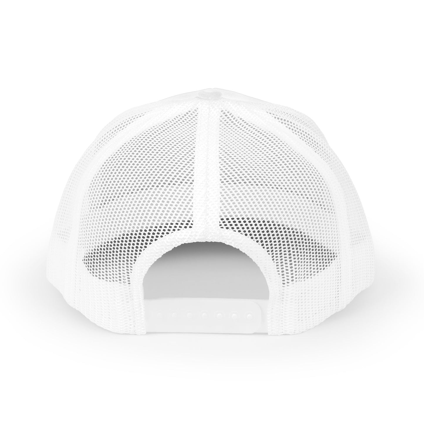 Back view of a white mesh trucker hat with a snapback enclosure.