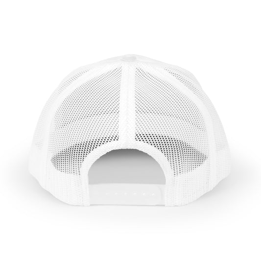 Back of white mesh snapback cap with a snapback enclosure.