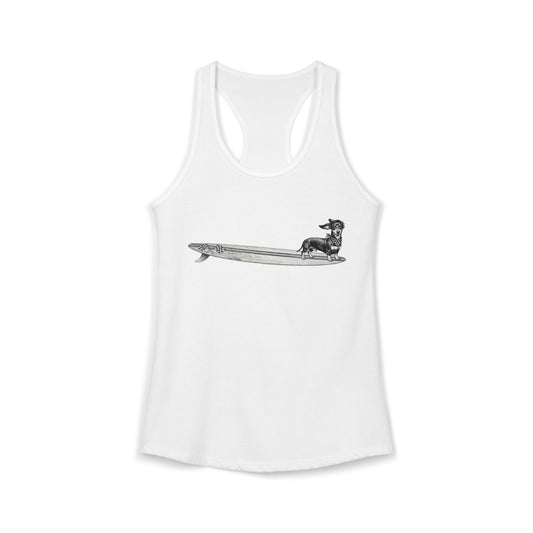 White racerback tank top with a graphic of a Dachshund dog on a longboard surfboard with racing flage on it on a white background