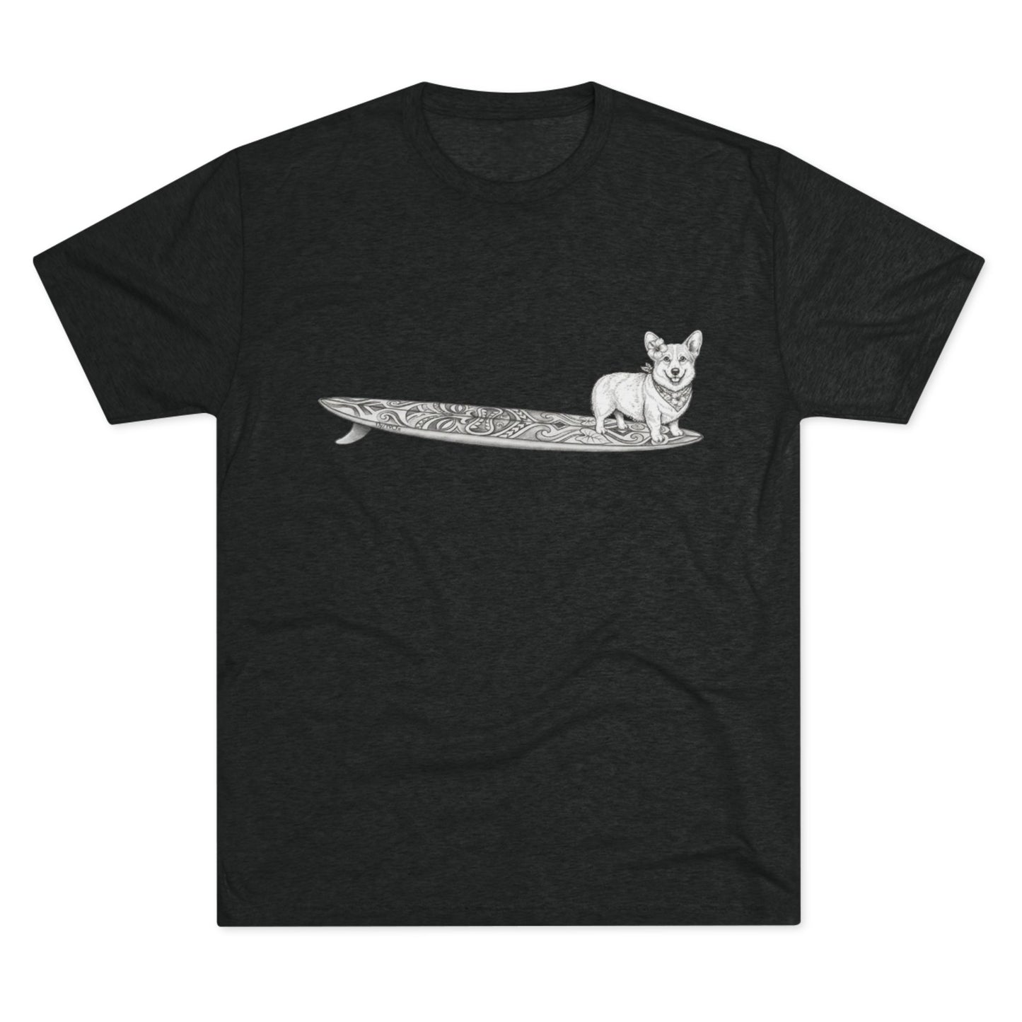 Black tshirt with a Corgi on a tiki art longboard with a hibiscus in it's ear and a hibiscus bandana around it's neck on a black background.