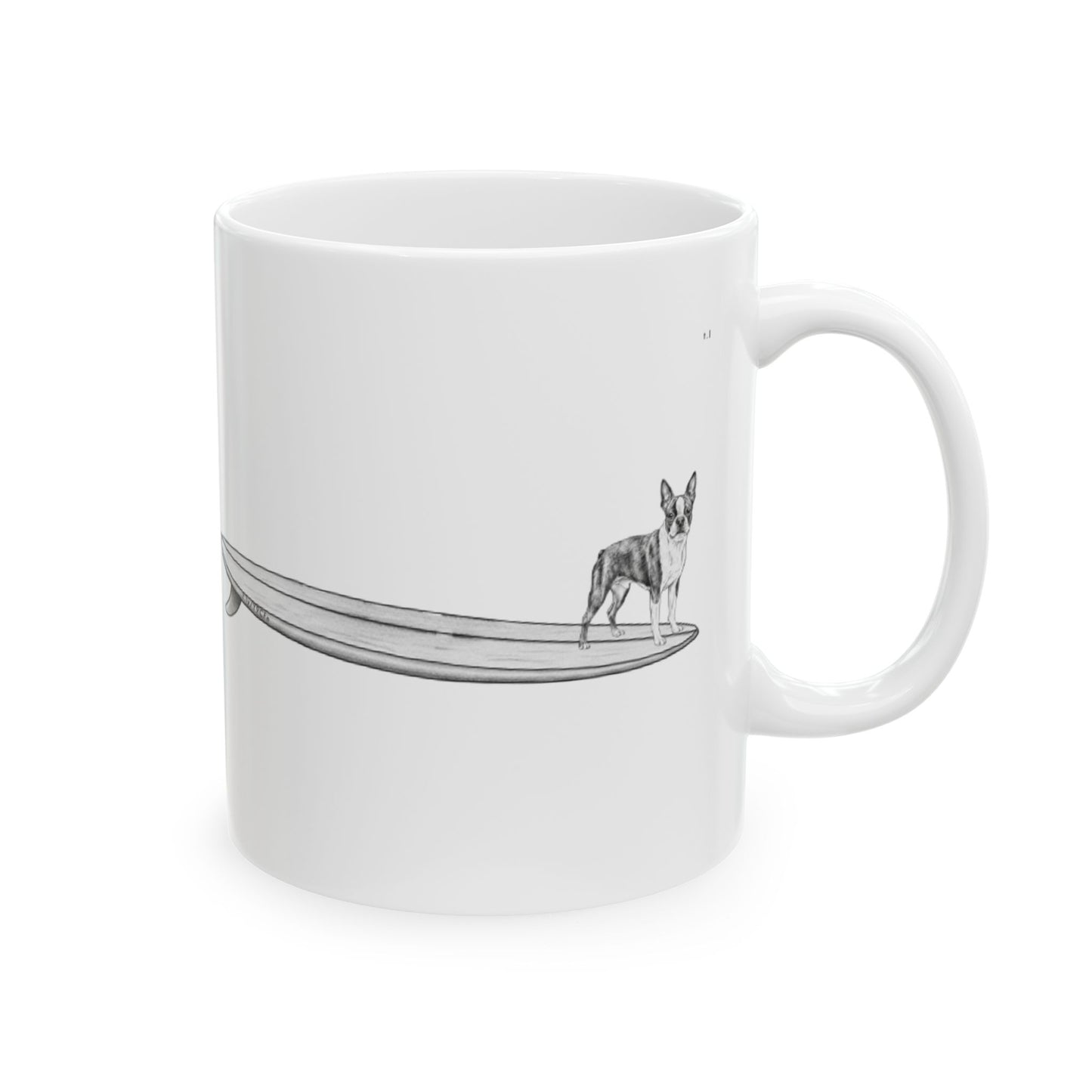 White mug with a black and white graphic of a Boston Terrier on a surfboard  on a white background