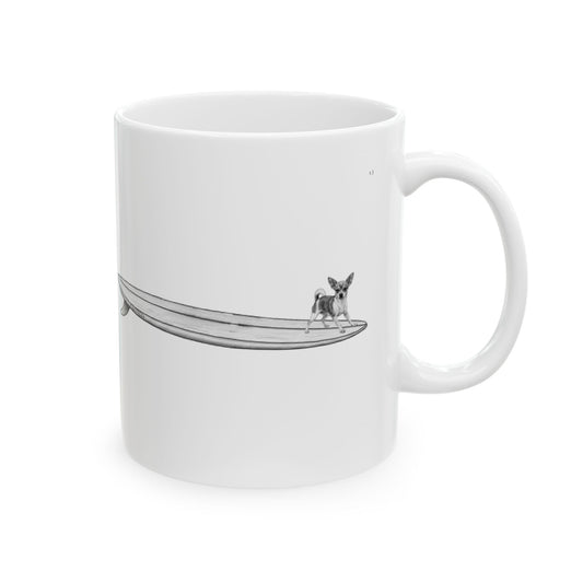 White mug with a black and white graphic of a chihuahua on a surfboard  on a white background