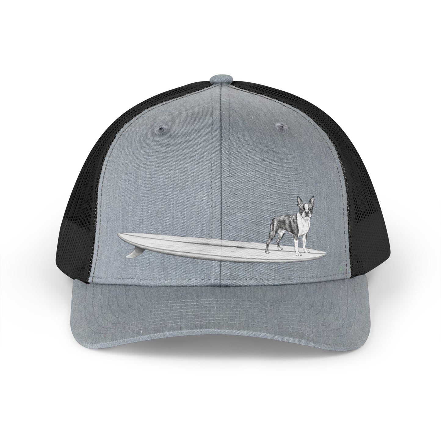 Grey and black snapback cap with a Boston Terrier on a longboard surfboard on a grey background