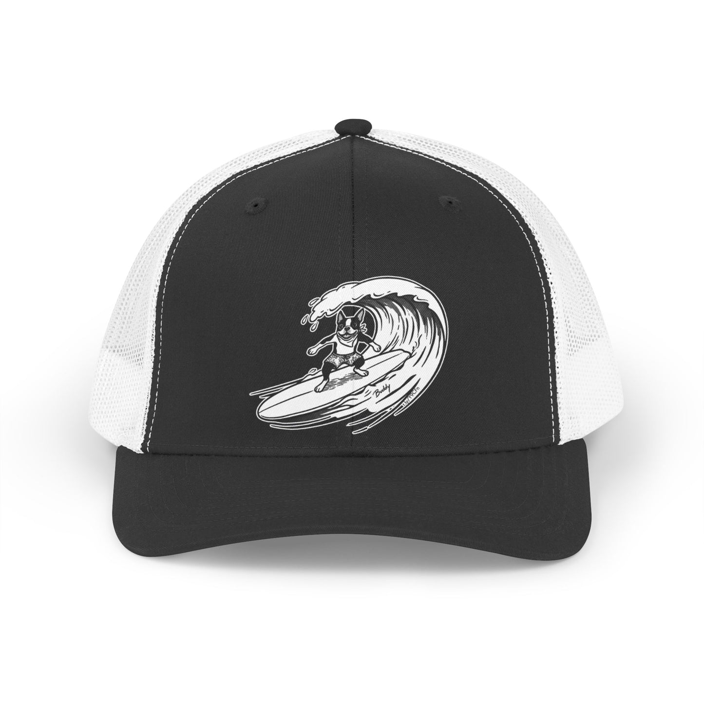 Black and white trucker hat with a black and white graphic of a Boston Terrier surfing on a big wave with a black background.
