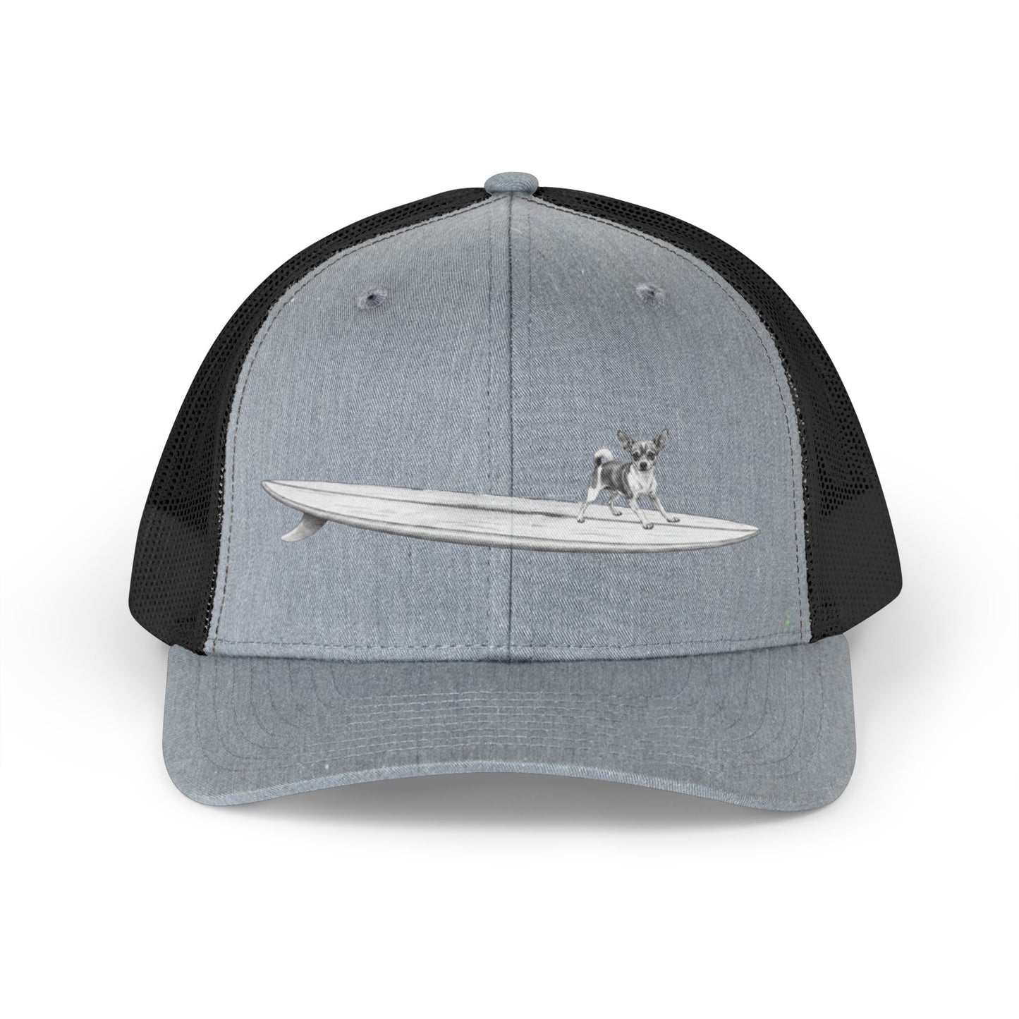 Grey and black snapback hat with a design of a  Chihuahua on a longboard on a white backgroud.