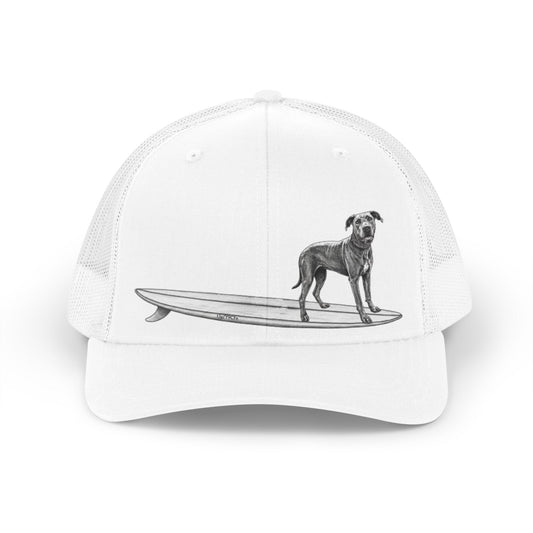 White cap with a Great Dane on a surfboard design on a white background