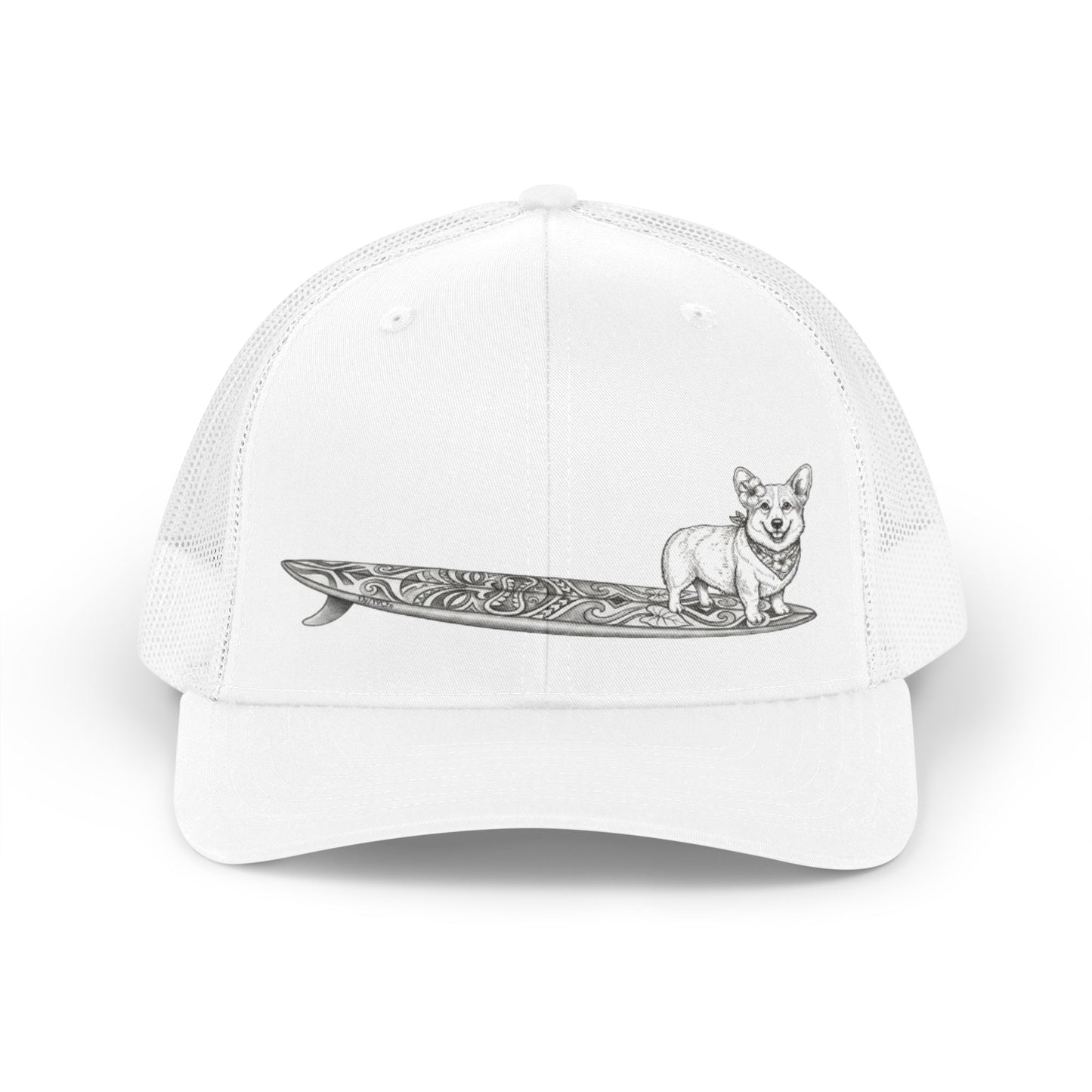 Corgi - Pebbles | Hang Twenty Surf Dog Tiki Trucker Hat