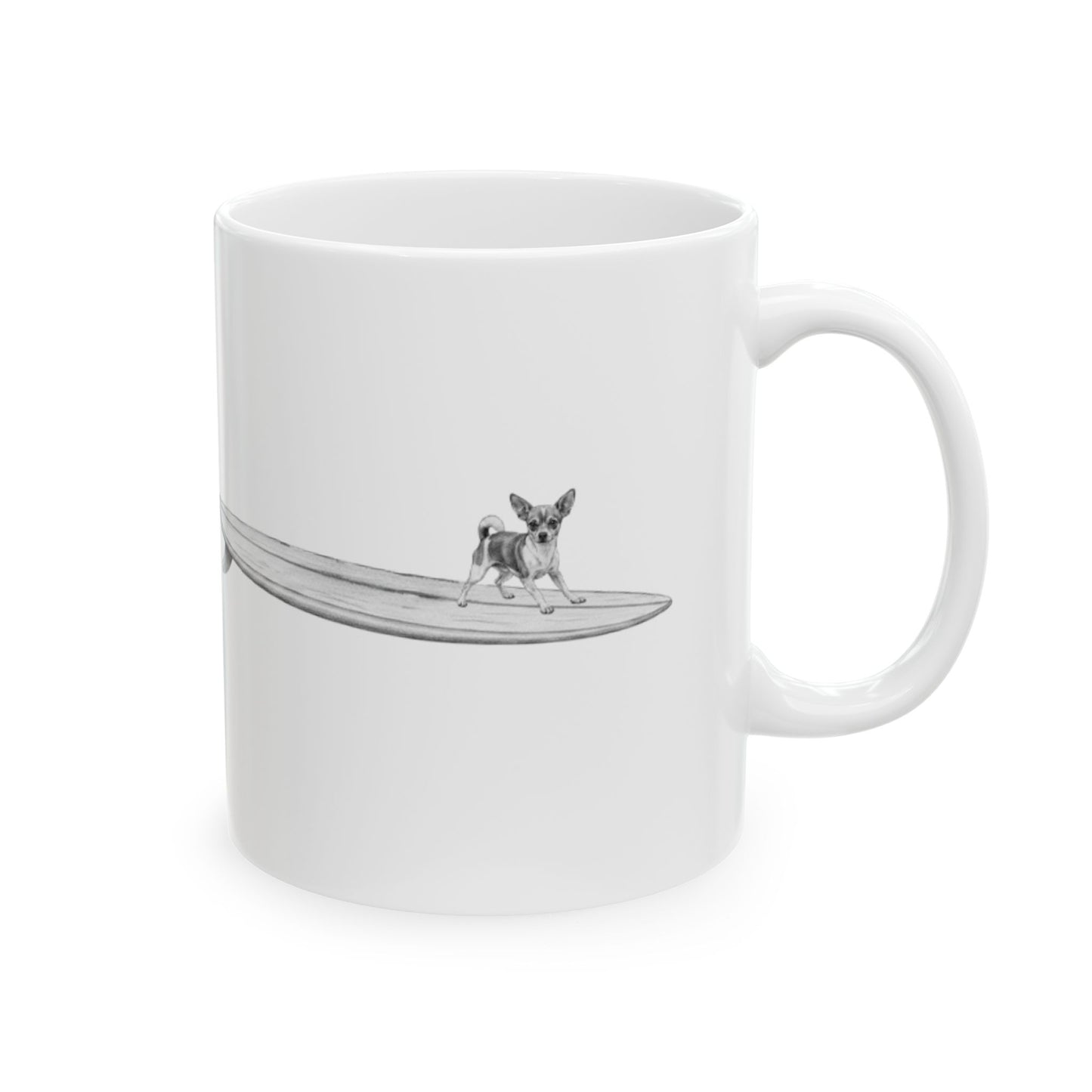 White mug with a design of a chihuahua on a longboard on a white background