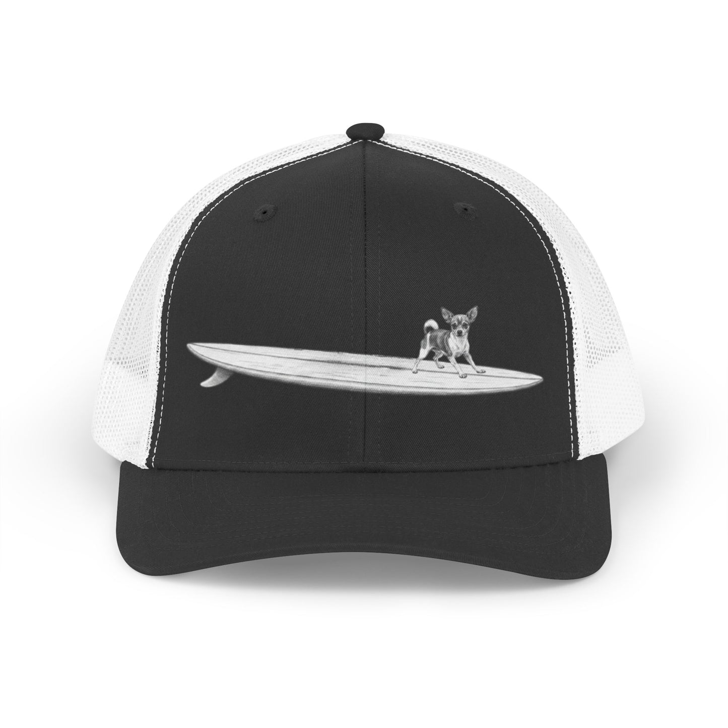 Black and white cap with a Chihuahua on a longboard with a black background.