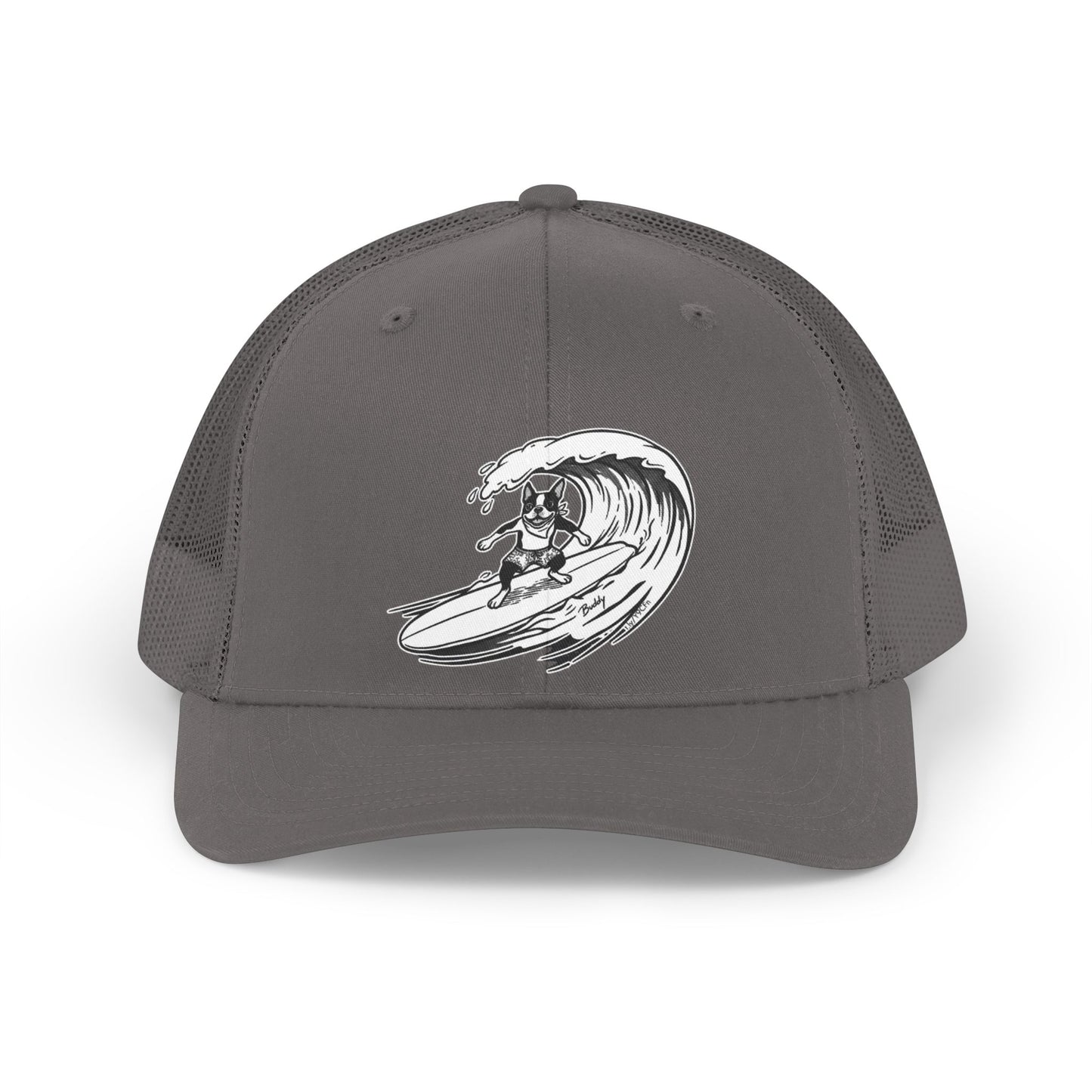Gray trucker hat with a black and white graphic of a Boston Terrier surfing on a big wave with a gray background.