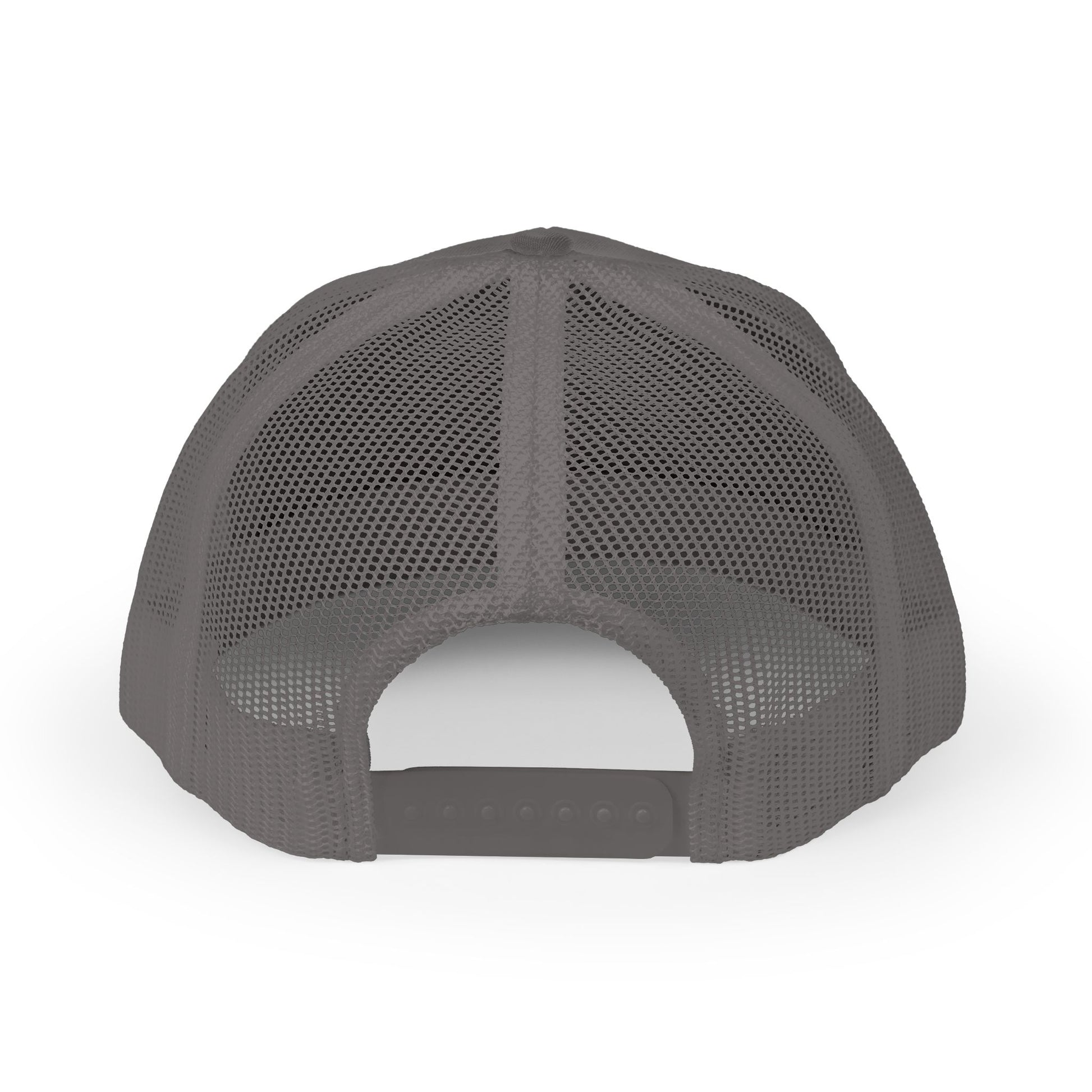 Back of grey mesh snapback cap with a snapback enclosure.