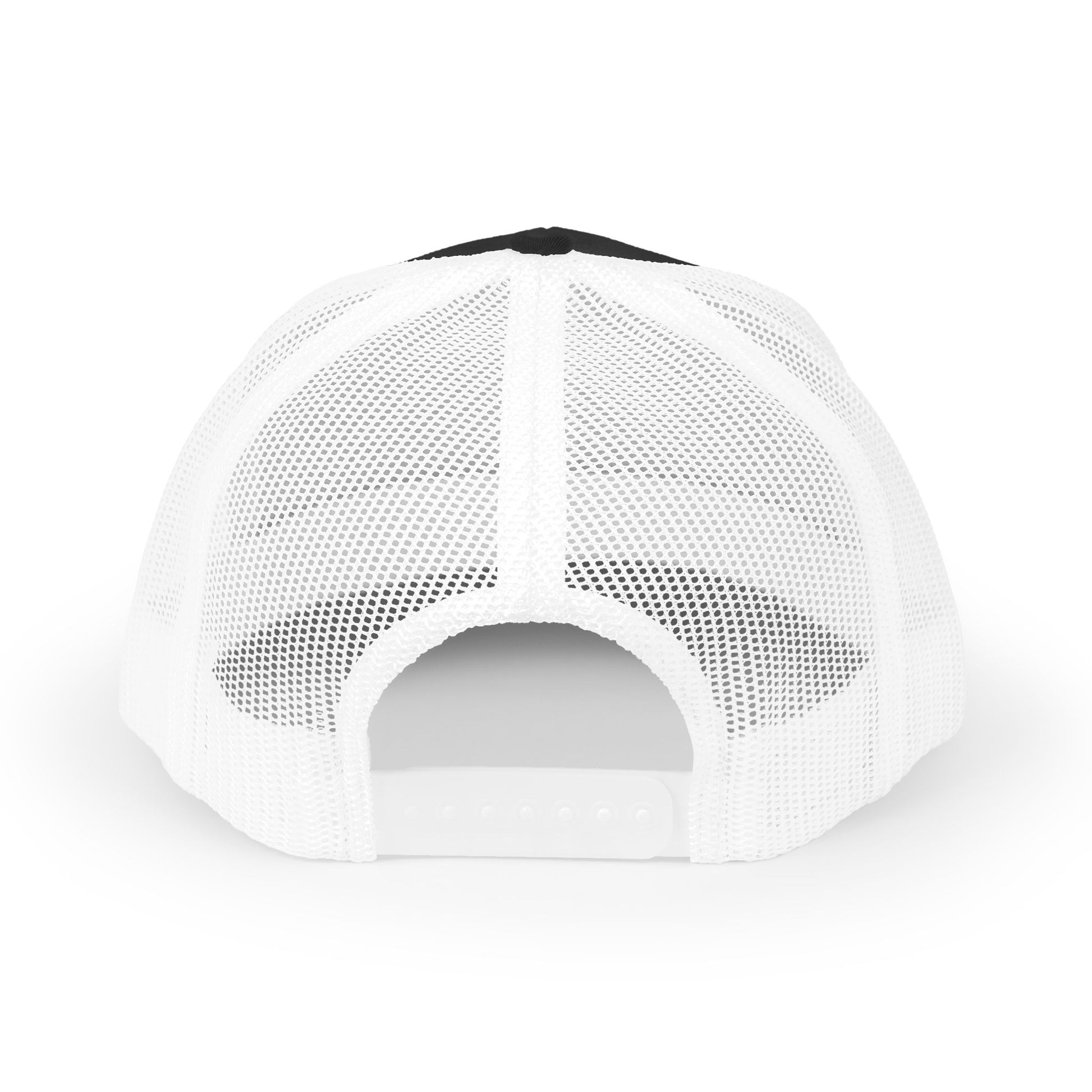 Back of snapback hat in white mesh with a snapback enclosure.