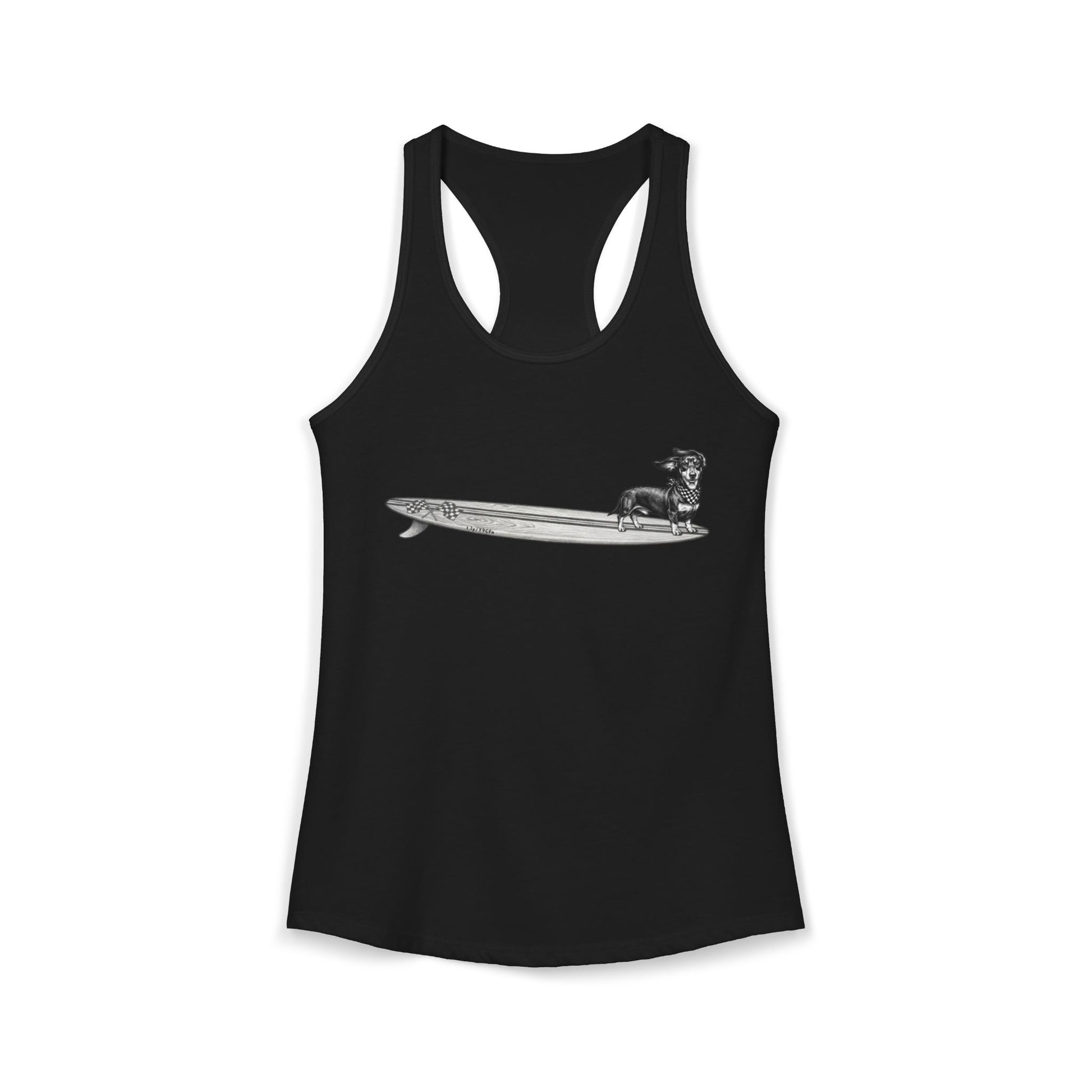 Black racerback tank top with a graphic of a Dachshund dog on a longboard surfboard with racing flage on it on a black background