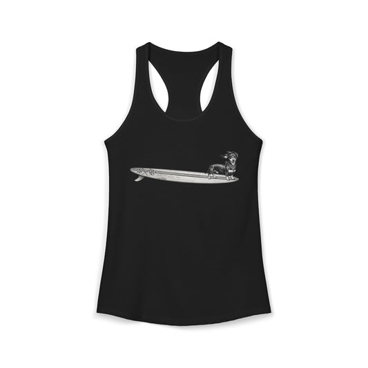 Black racerback tank top with a graphic of a Dachshund dog on a longboard surfboard with racing flage on it on a black background