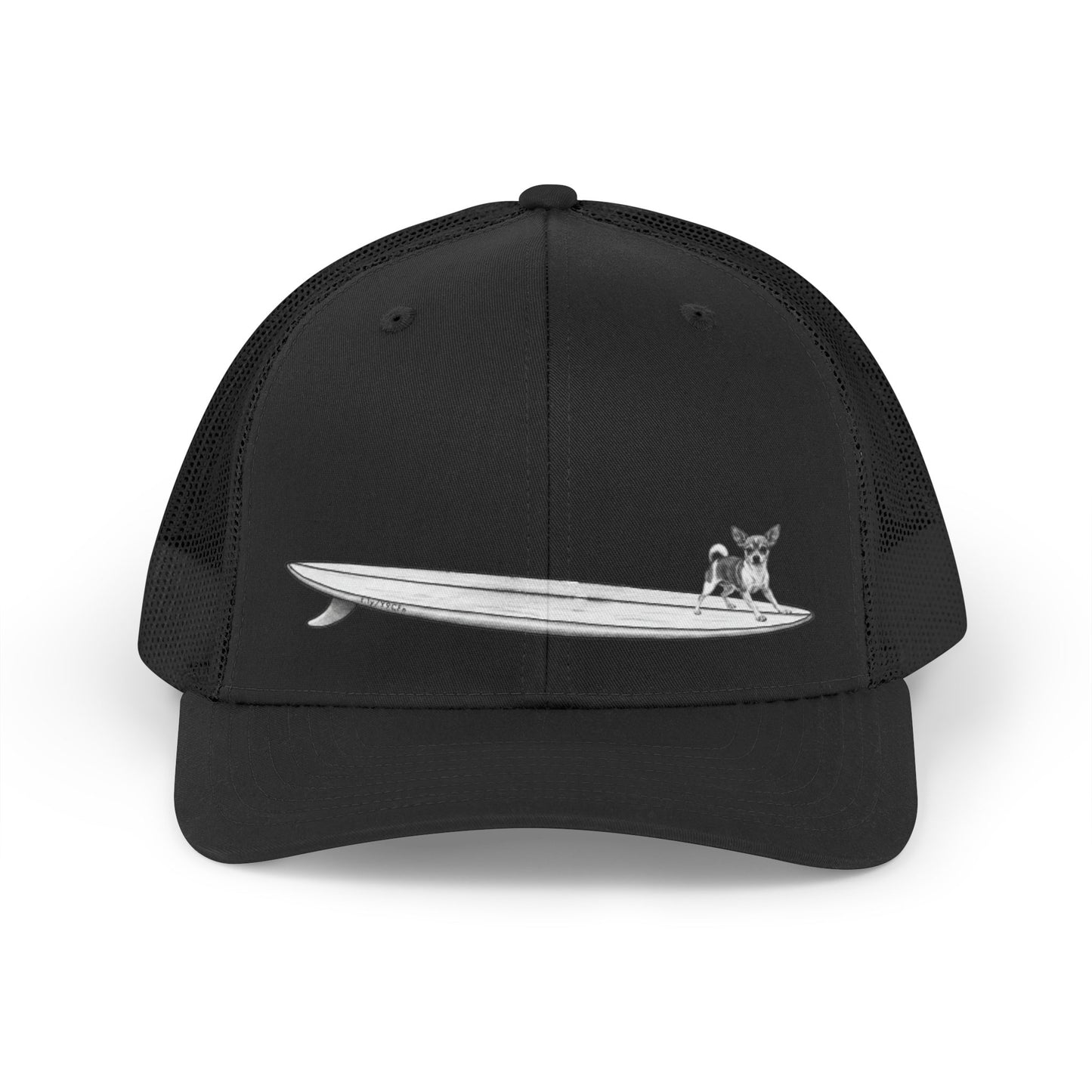 Black trucker hat with a black and white graphic of a chihuahua on a surfboard design on a black background. 