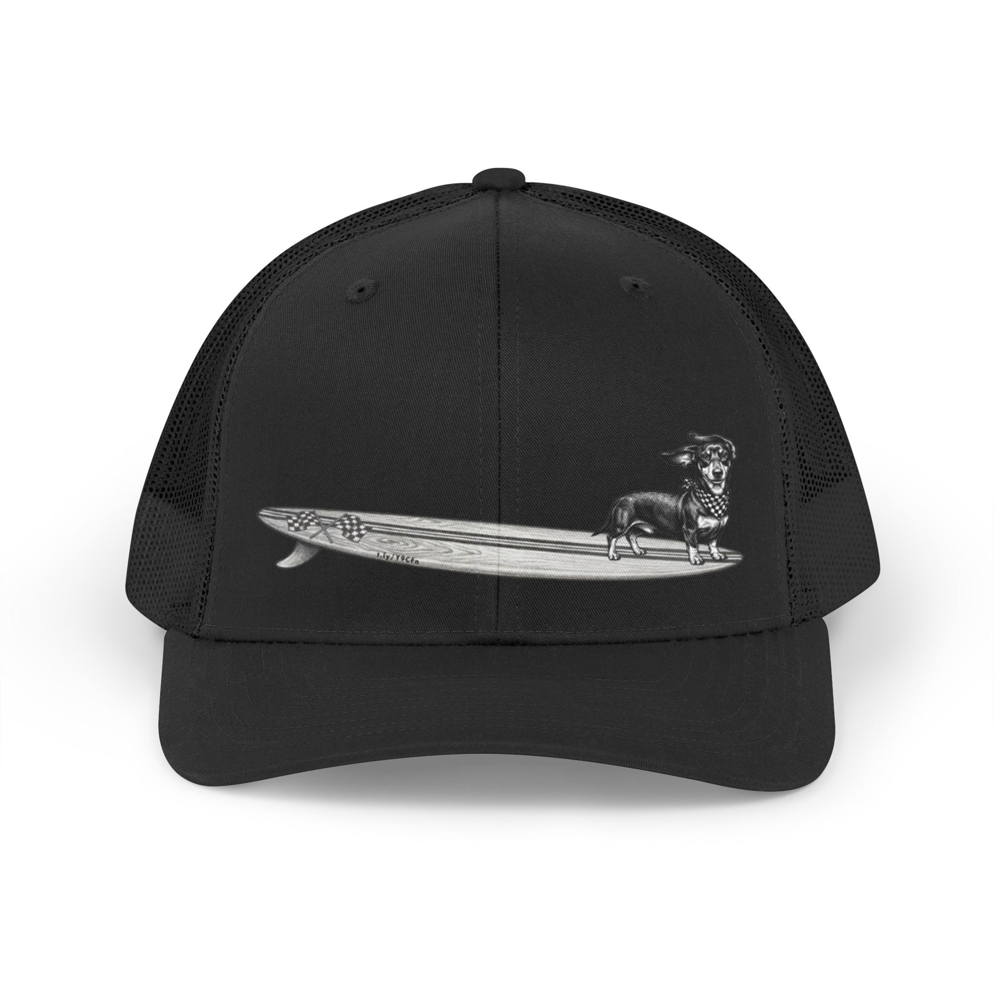 Black mesh trucker hat with a Dachshund dog on a longboard surfboard with racing flags on it. The dog has a checkered bandana around it's neck. 