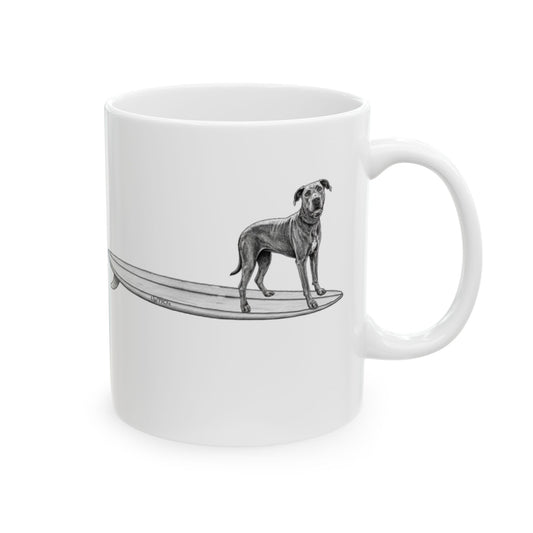 White mug with a graphic of a Great Dane on a surfboard on a white background