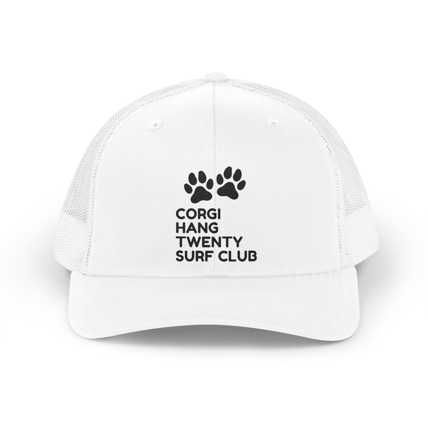White cap with black paw print and text that says Corgi Hang Twenty Surf Club on a white background