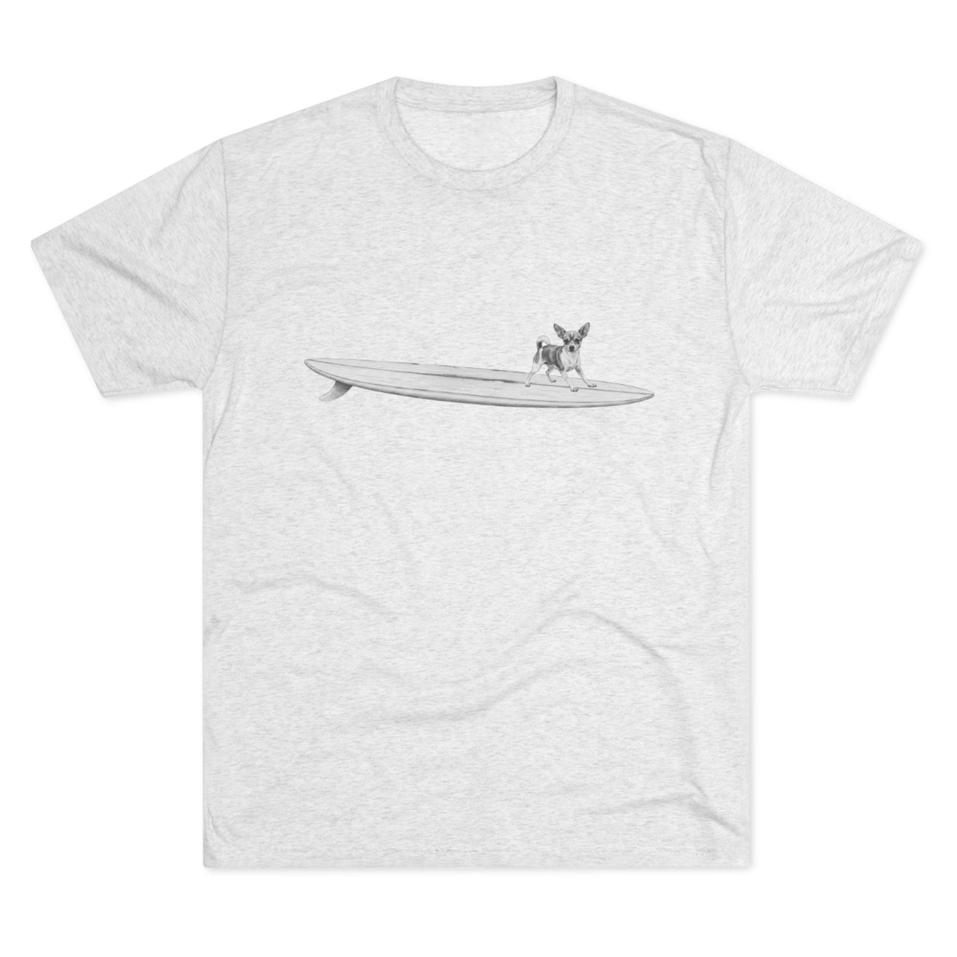 White t-shirt with a graphic of a Chihuahua on a longboard surfboard on a white background