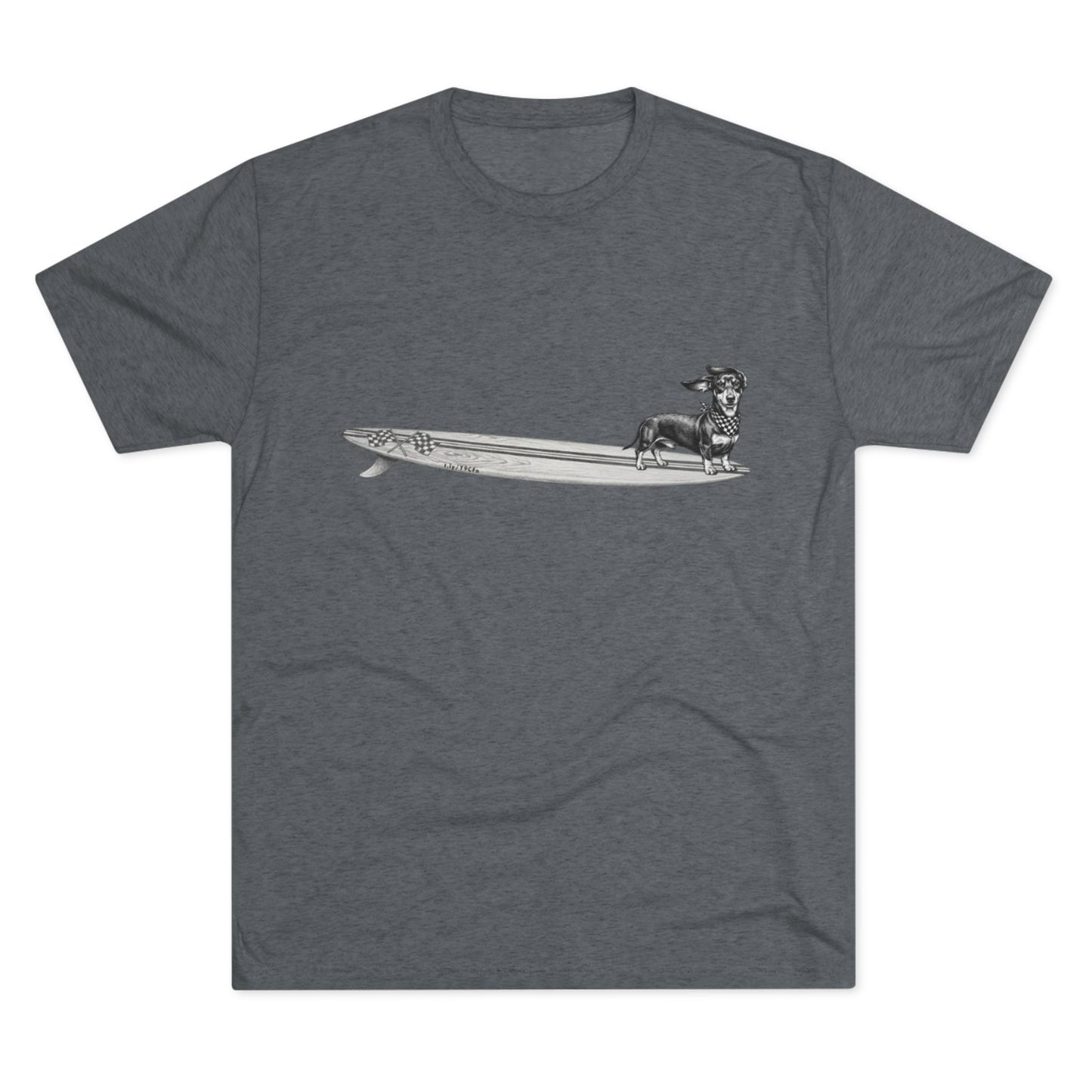 Gray tshirt with a Dachshund dog on a longboard surfboard with racing flags on it. The dog has a checkered bandana around it's neck. 