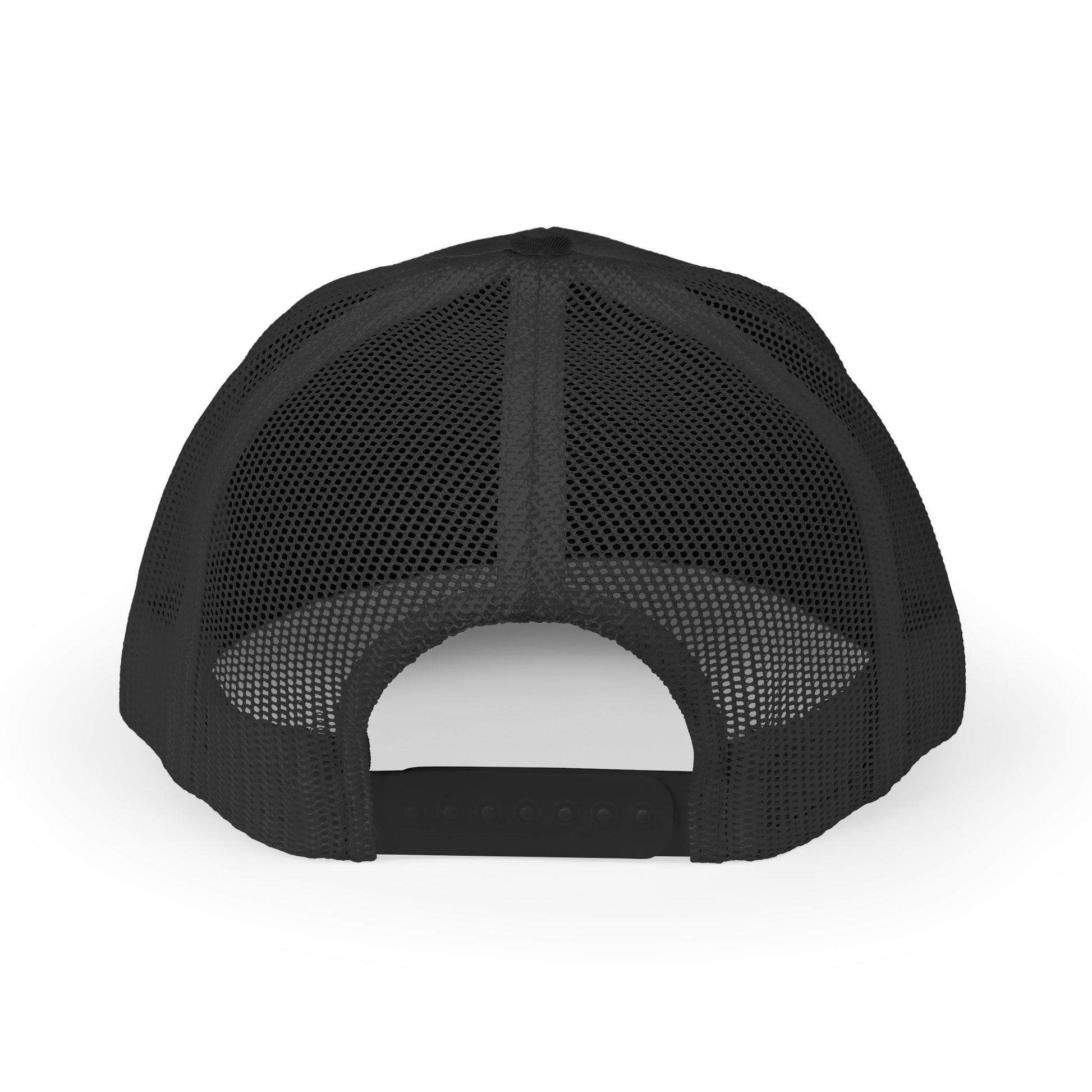 Back of black mesh cap with snapback enclosure.