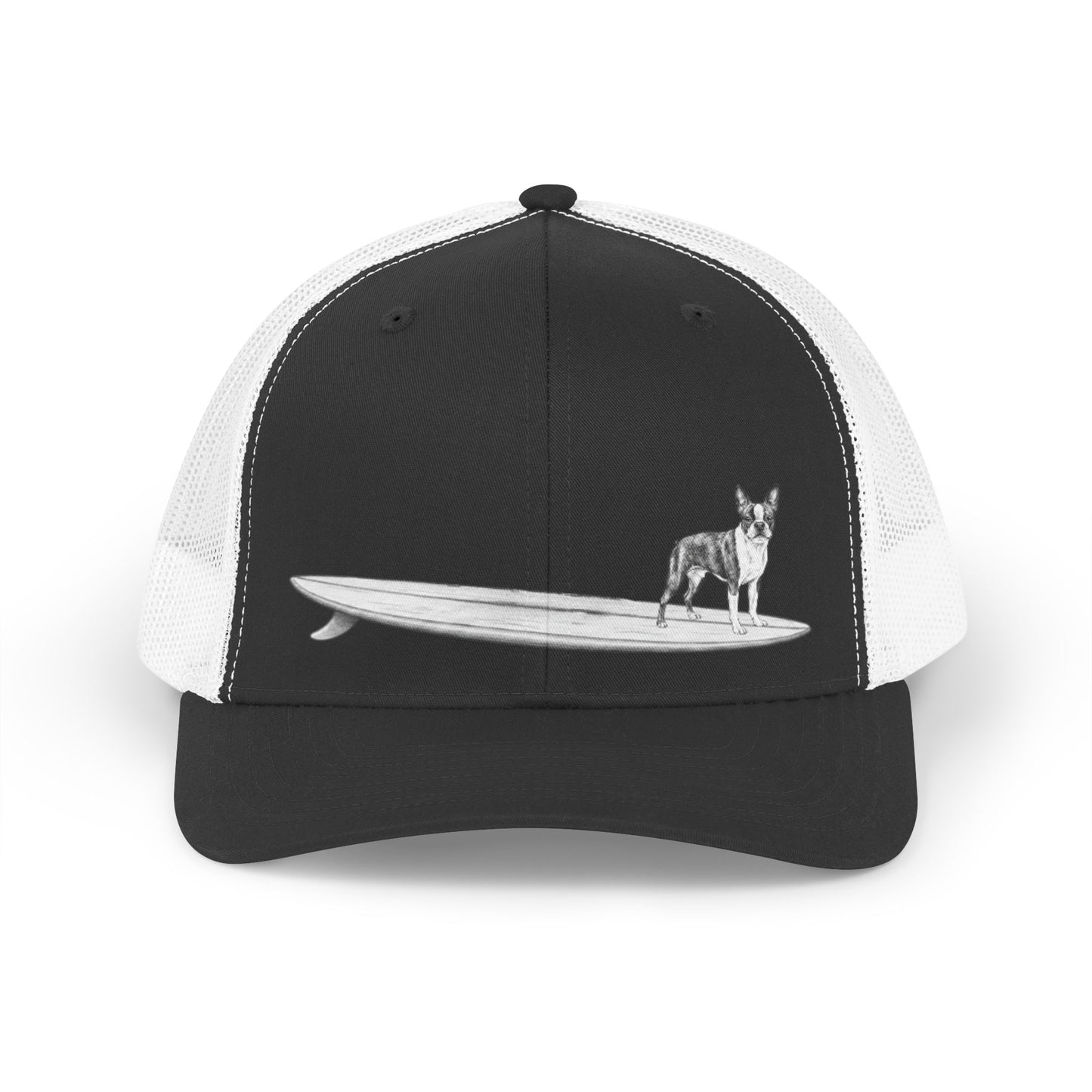 Black and white snapback cap with a Boston Terrier on a longboard surfboard on a black background