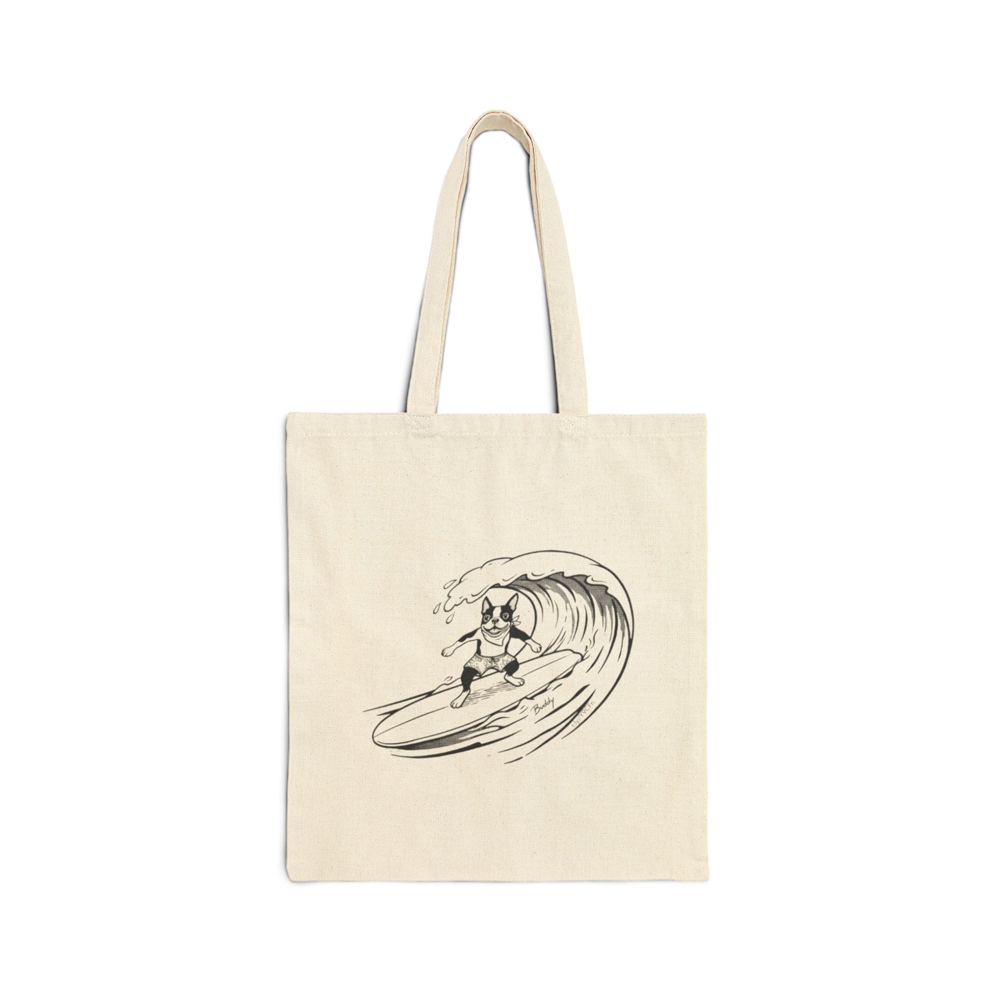 Beige tote bag with a graphic of a boston terrier riding a big wave on a longboard with a beige background.