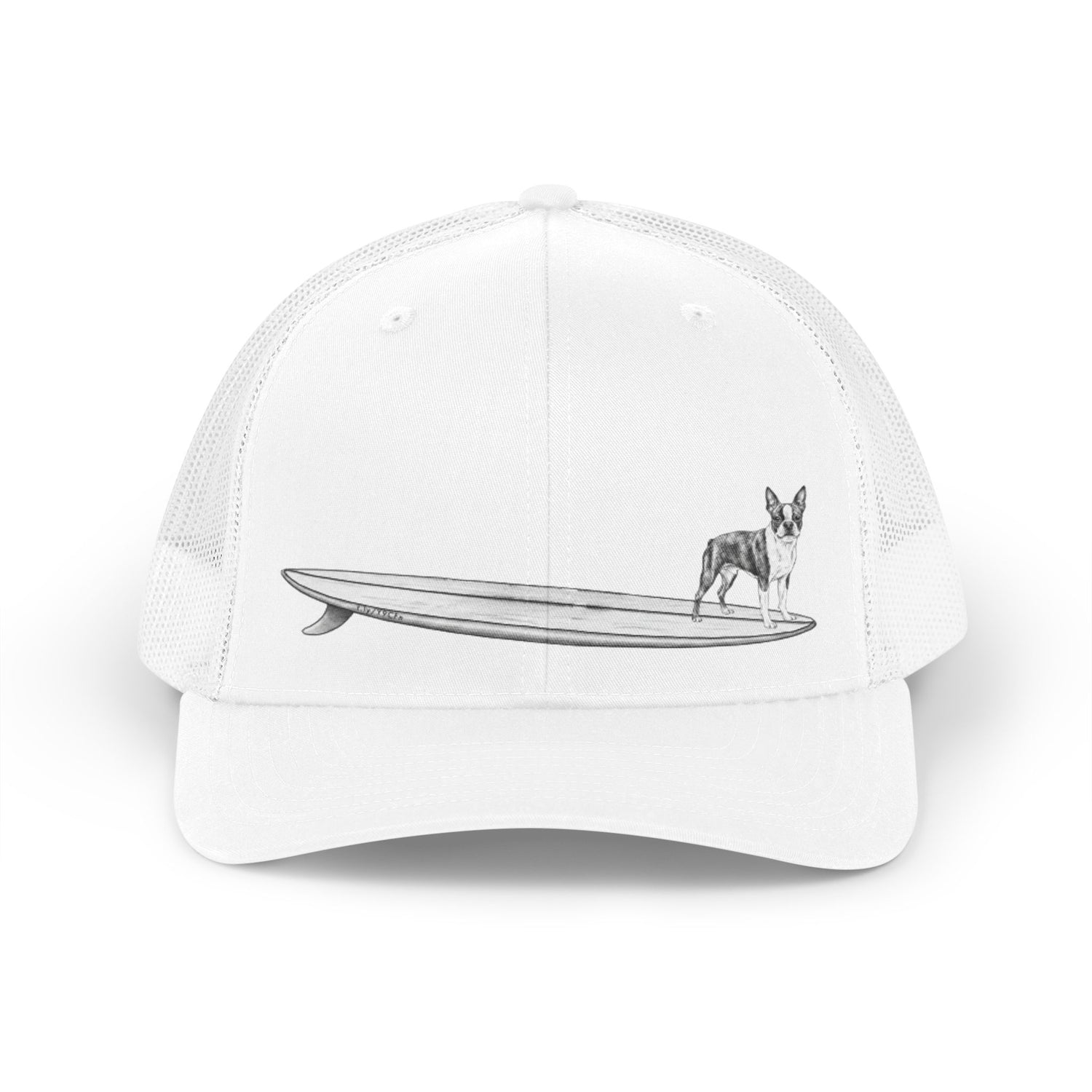 White trucker hat with a black and white graphic of a Boston Terrier on a surfboard design on a white background. 