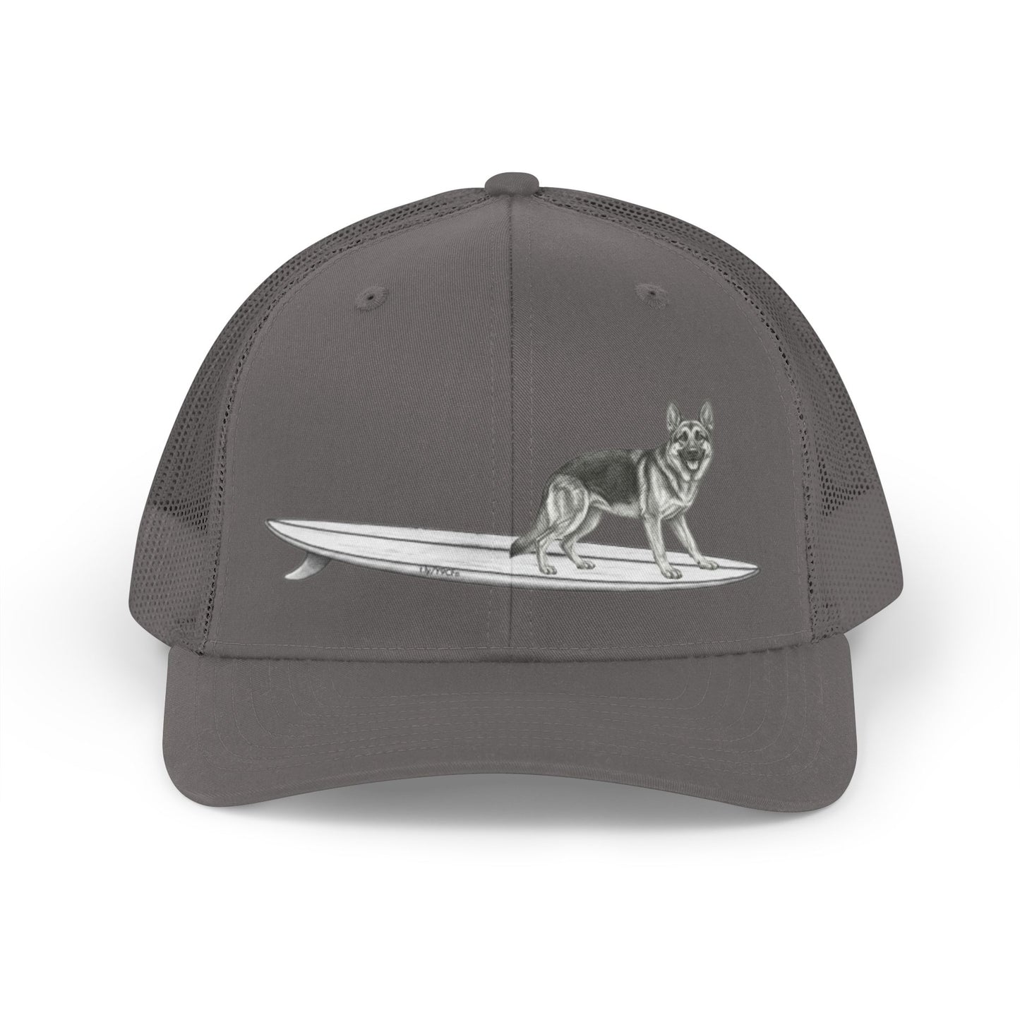 Gray mesh trucker hat with a graphic of a German Shepherd dog hanging twenty on a long surfboard on a gray background.