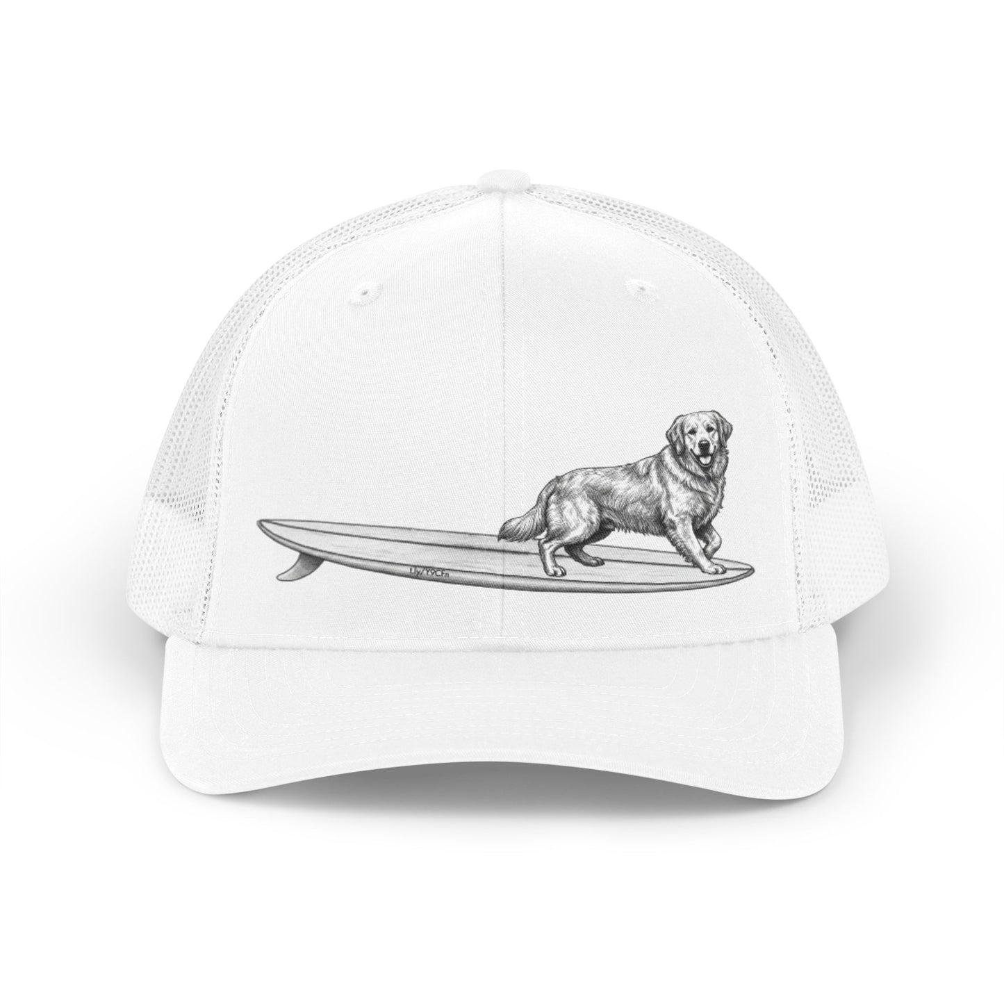 White cap with a Golden Retriever on a surfboard design on a white background