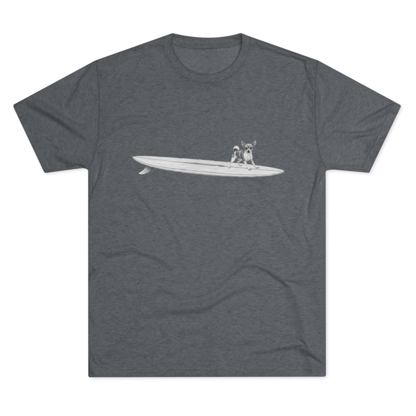 Grey t-shirt with a graphic of a Chihuahua on a longboard surfboard on a grey background