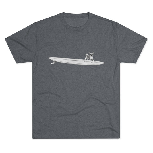 Grey t-shirt with a graphic of a Chihuahua on a longboard surfboard on a grey background