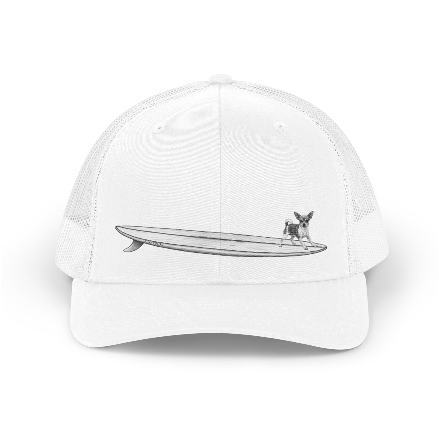 White trucker hat with a black and white graphic of a chihuahua on a surfboard design on a white background. 