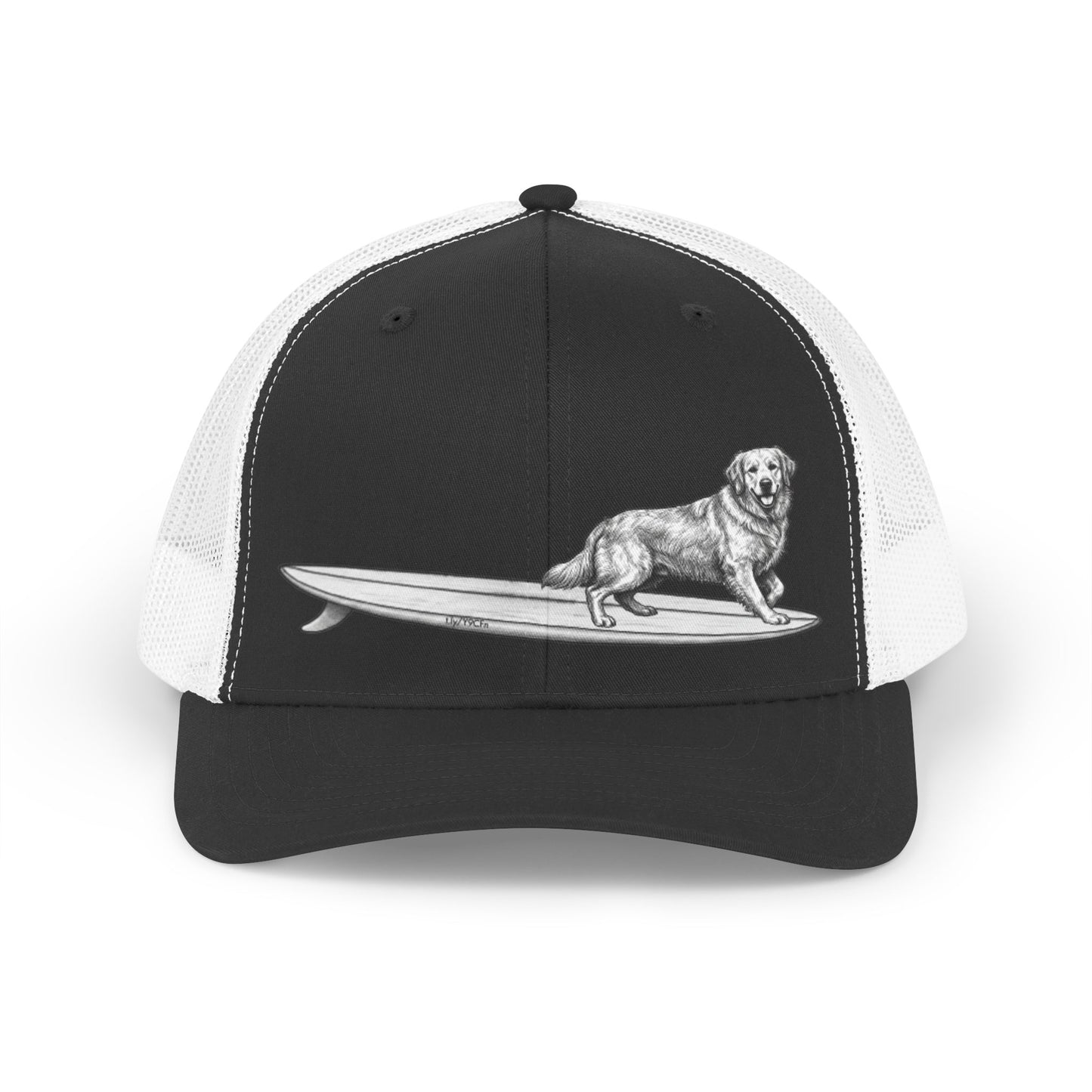 Black and white with a Golden Retriever on a surfboard design on a black  background