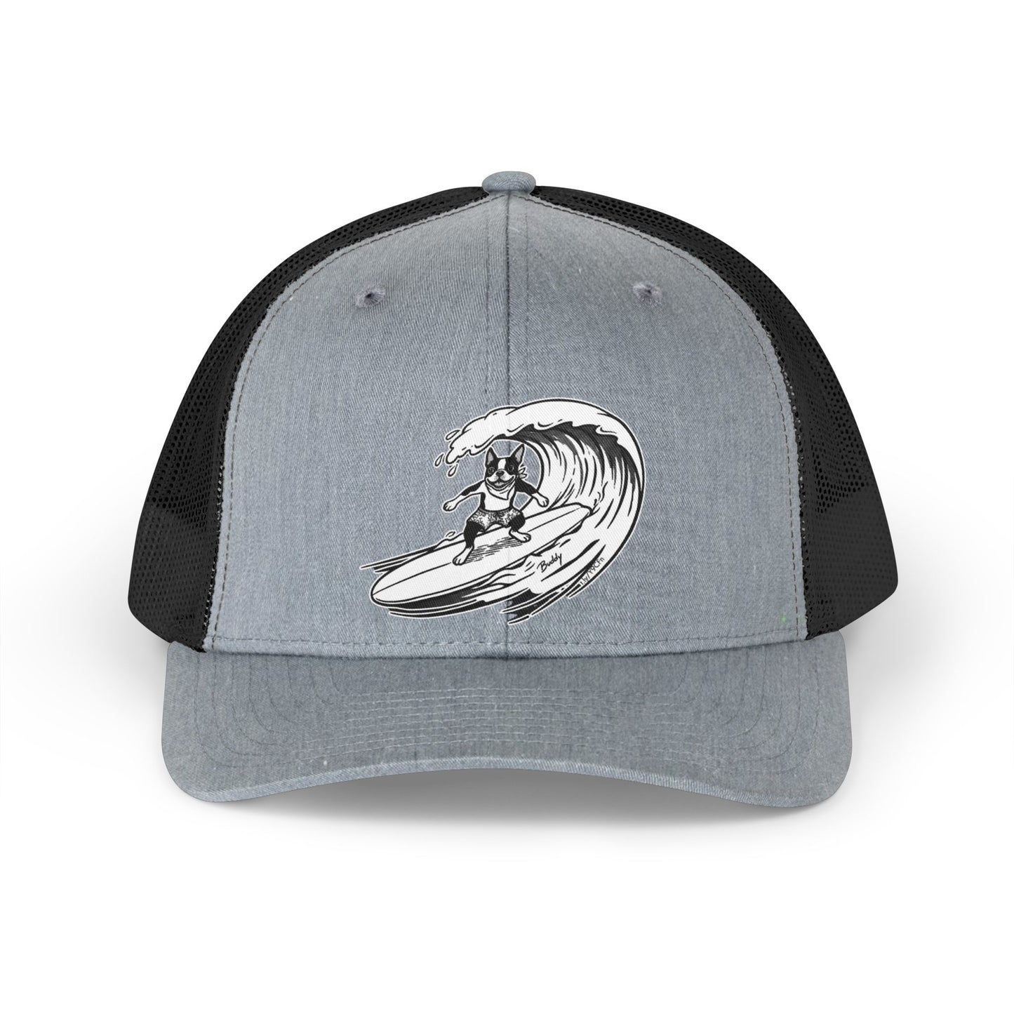 Gray and black trucker hat with a black and white graphic of a Boston Terrier surfing on a big wave with a gray background.