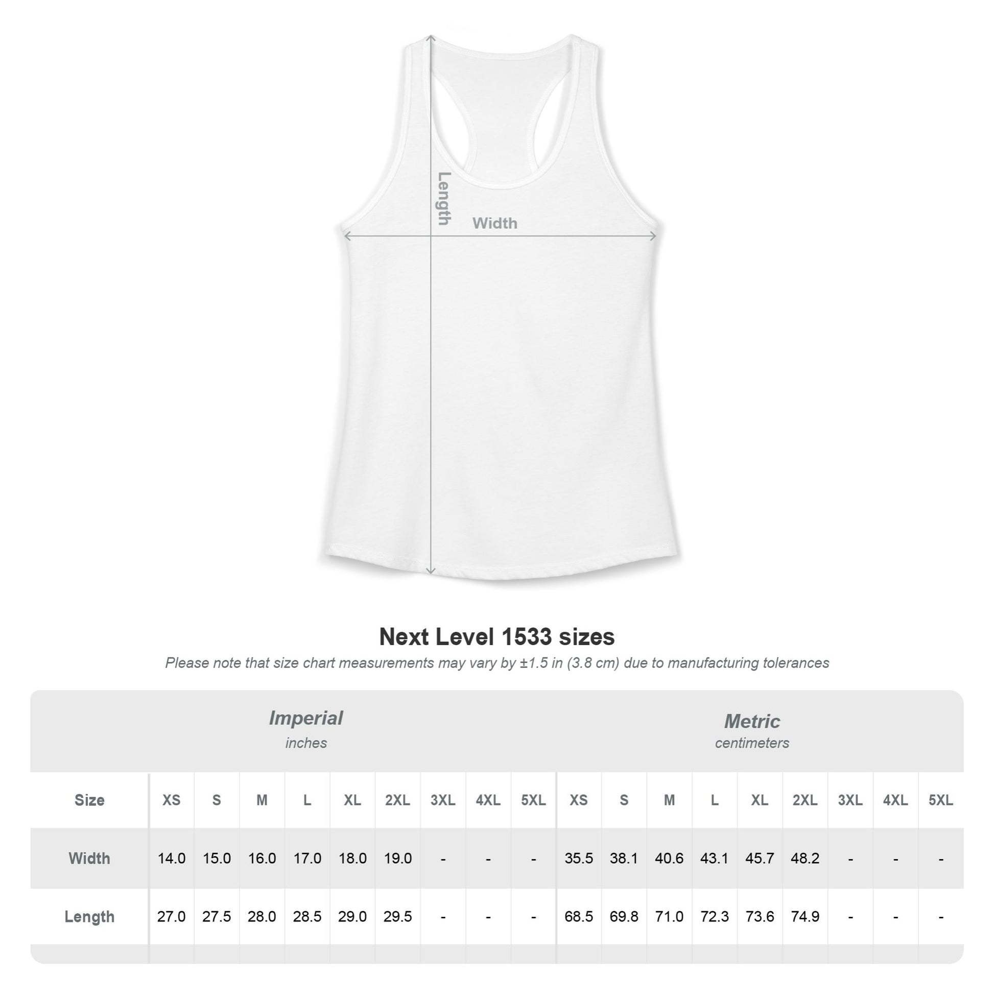 Size chart for a white racerback tank top.