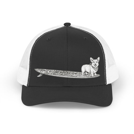 Corgi - Pebbles | Hang Twenty Surf Dog Tiki Trucker Hat