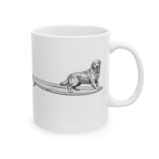 White mug with a black and white illustration of a Golden Retriever on a surfboard, on a white background