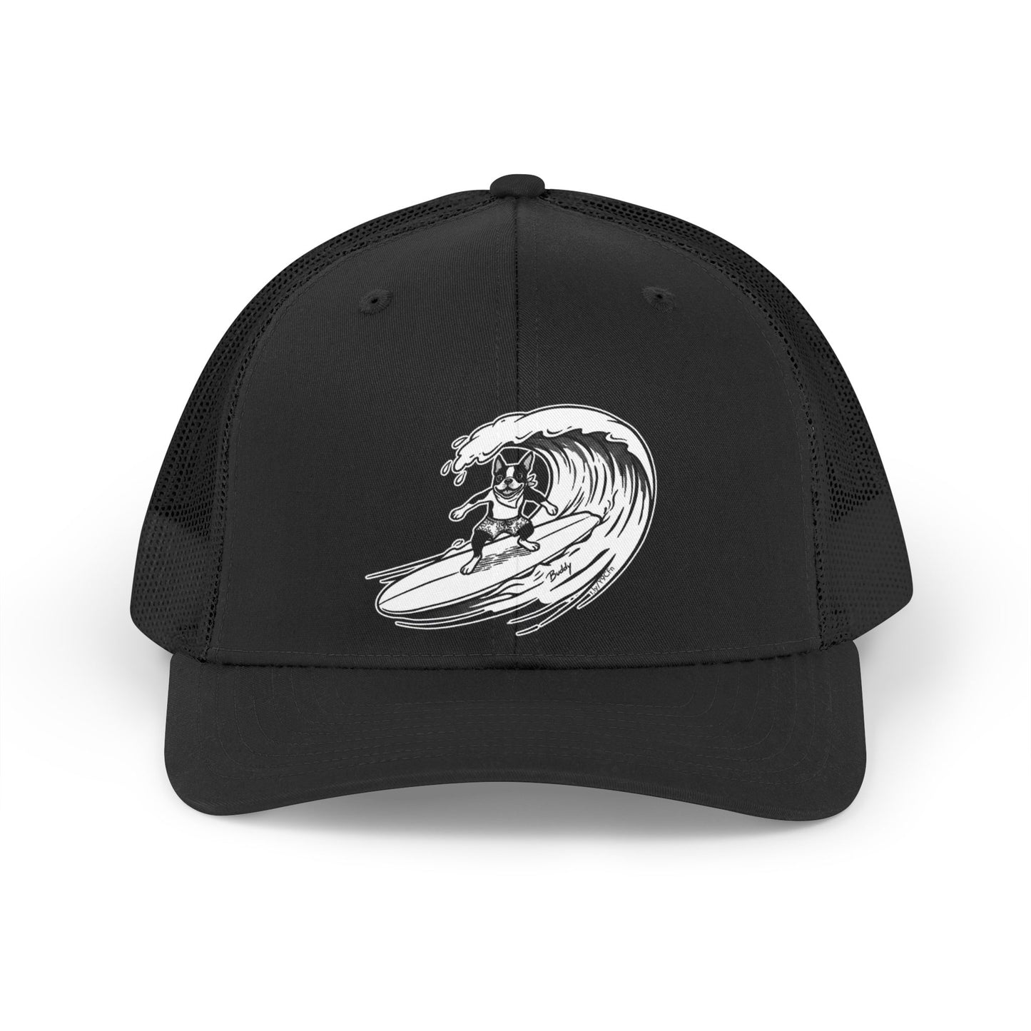 Black trucker hat with a black and white graphic of a Boston Terrier surfing on a big wave with a black background.