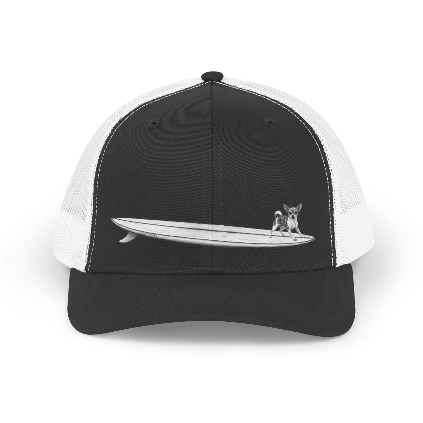 Black and white trucker hat with a black and white graphic of a chihuahua on a surfboard design on a black background. 