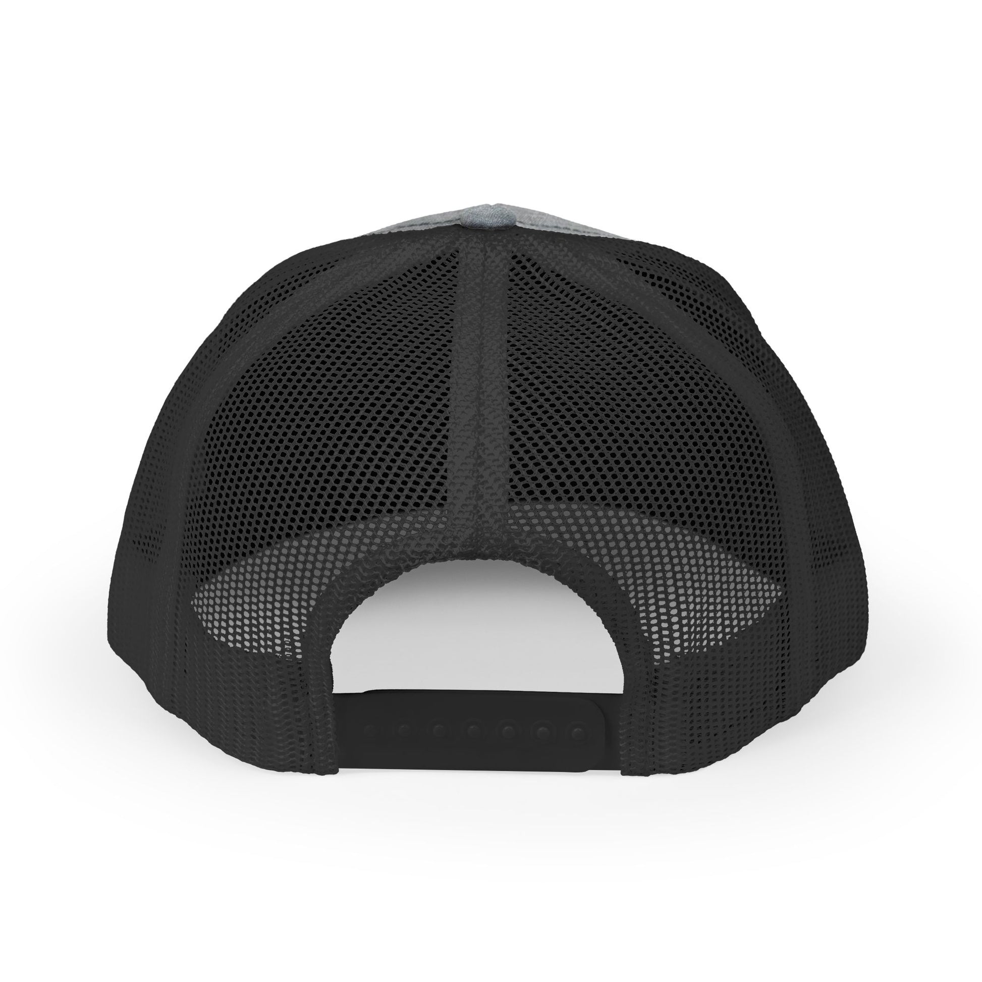 Back of black mesh snapback cap with a snapback enclosure.