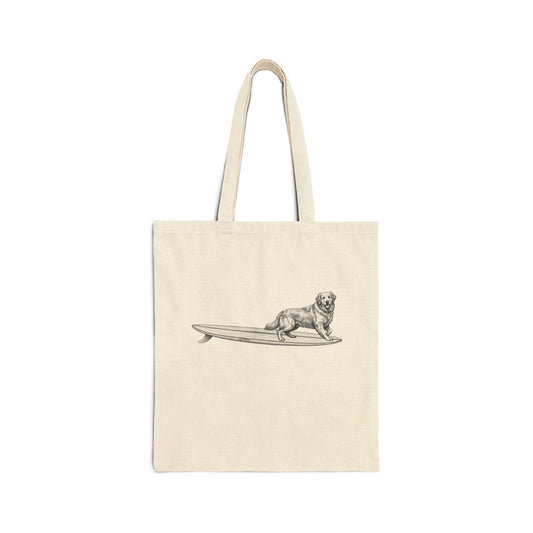 Beige tote bag with a Golden Retriever on a surfboard design on a beige background