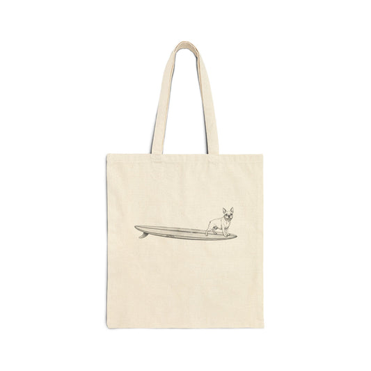 Beige tote bag with a French Bulldog on a surfboard design on a beige background