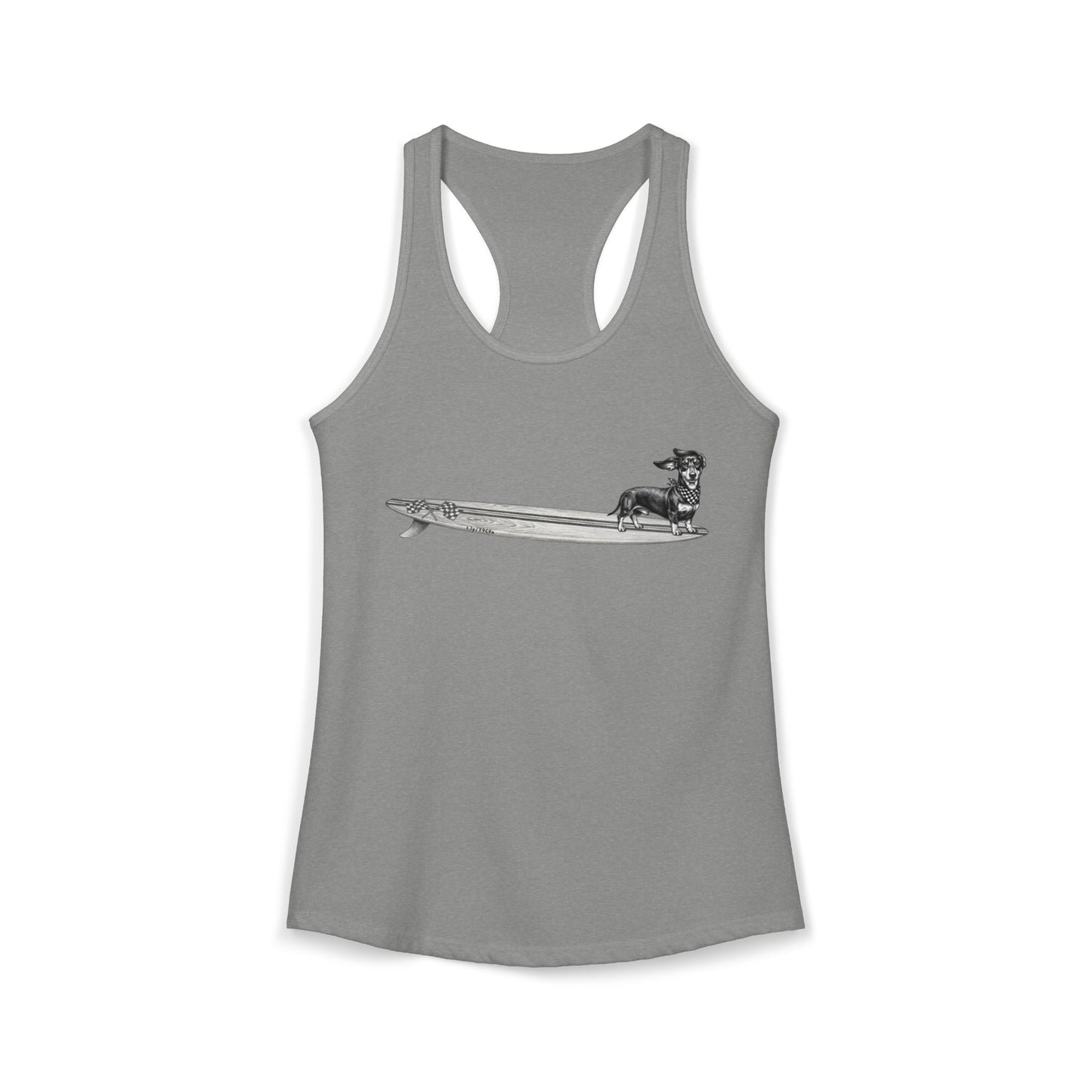 Gray  racerback tank top with a graphic of a Dachshund dog on a longboard surfboard with racing flage on it on a gray background