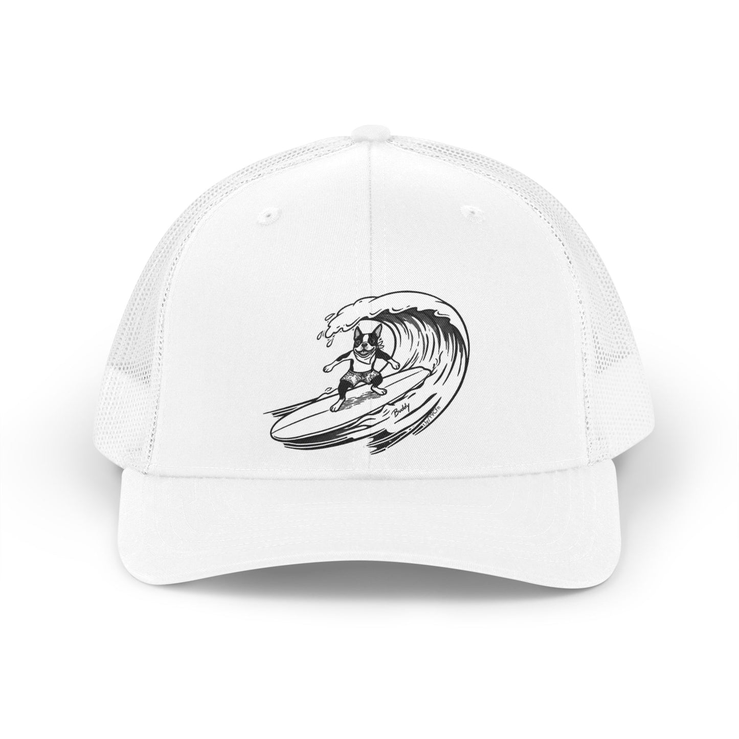 White trucker hat with a black and white graphic of a Boston Terrier surfing on a big wave with a white background.