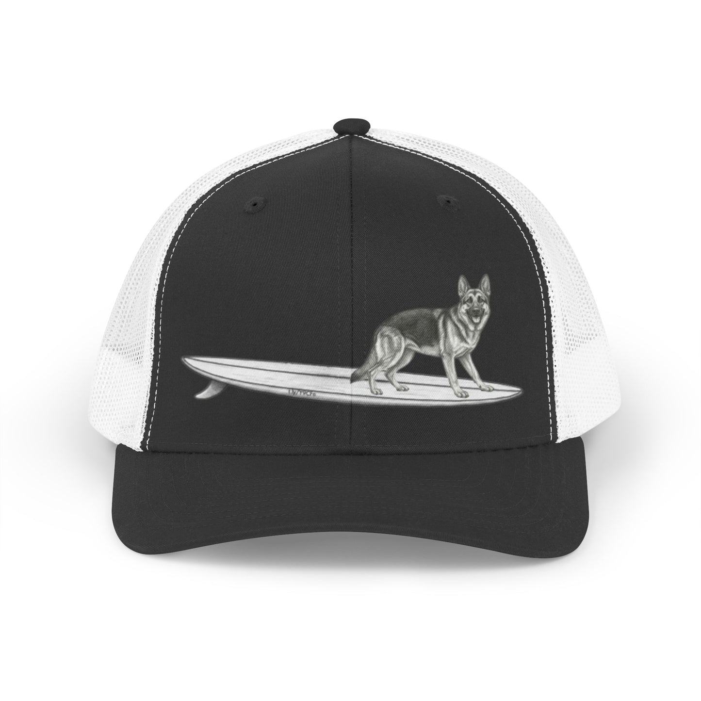 Black and white mesh trucker hat with a graphic of a German Shepherd dog hanging twenty on a long surfboard on a black background.