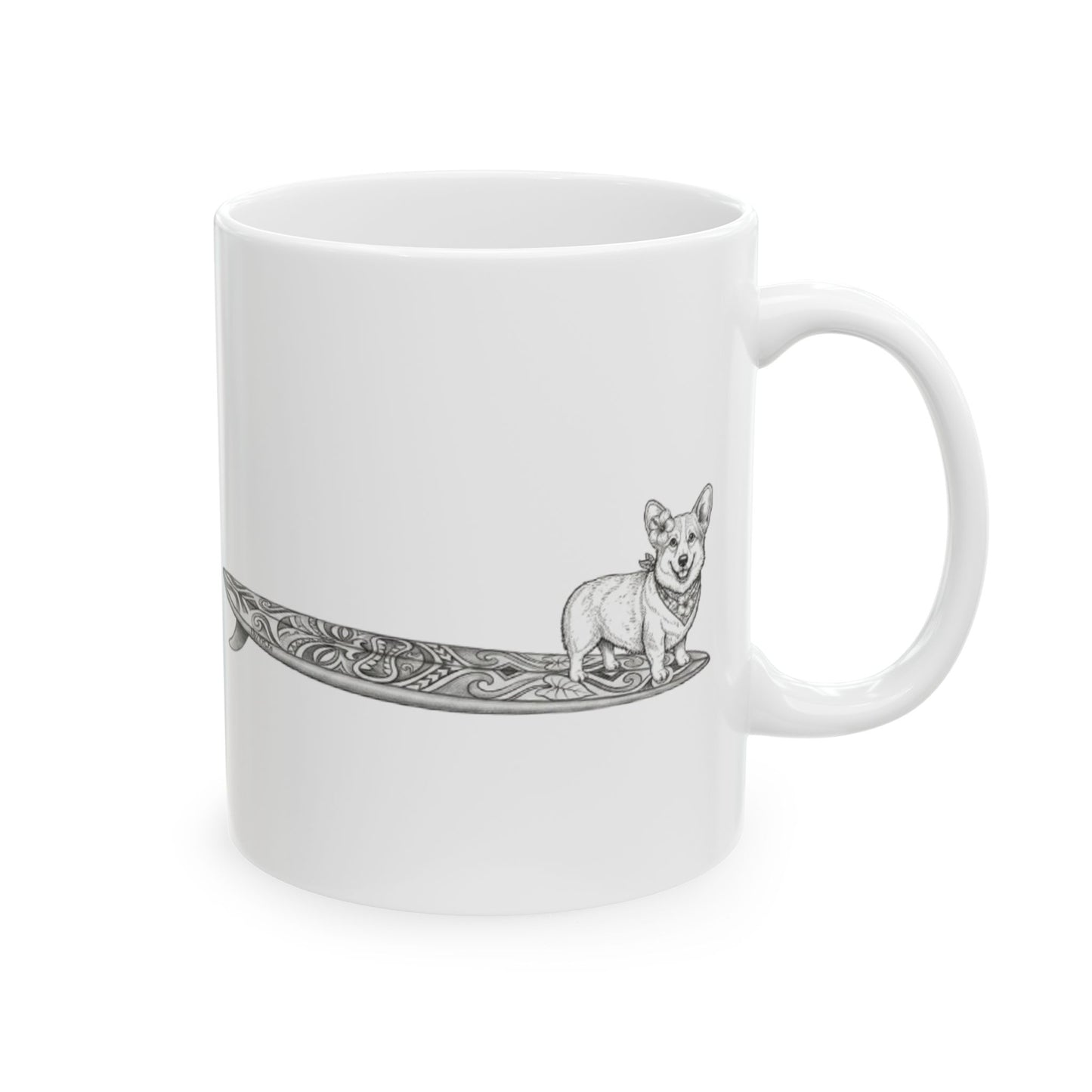 White mug with a design of a corgi with a hibiscus in her ear and a hibiscus bandana around her neck on a tiki art longboard surfboard with a white background.