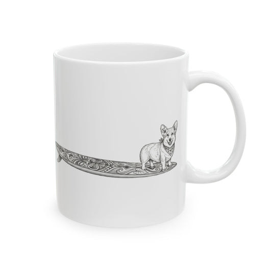 White mug with a design of a corgi with a hibiscus in her ear and a hibiscus bandana around her neck on a tiki art longboard surfboard with a white background.