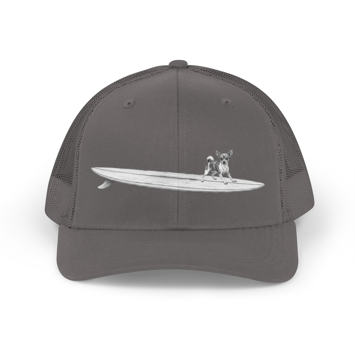 Gray cap with a graphic of a Chihuahua on a surfboard on a greu background