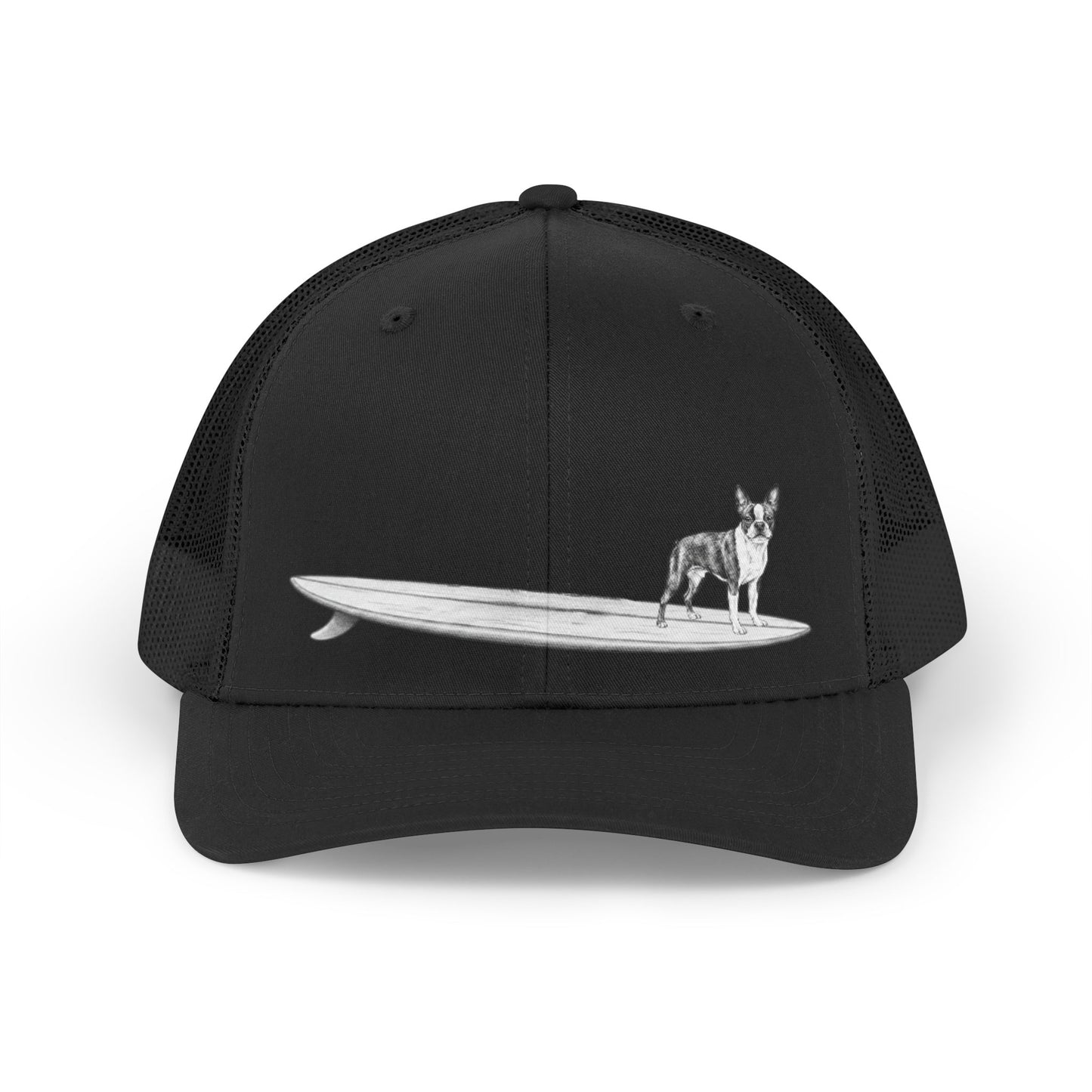 Black cap with a Boston Terrier on a longboard surfboard on a black  background